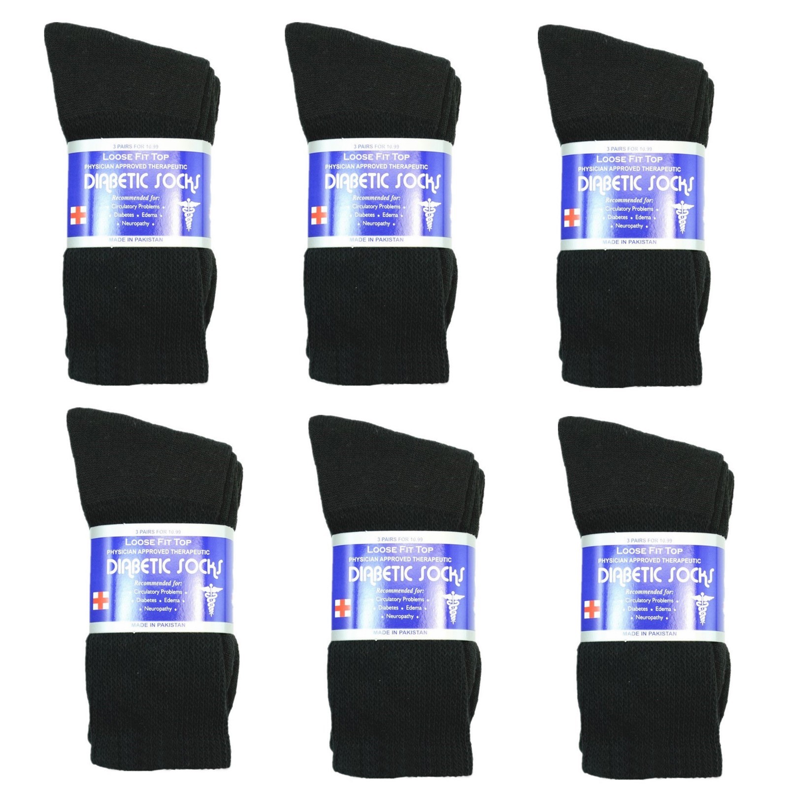 New Diabetic Crew Socks Circulatory Health Cotton Loose Fit Top 6 Pairs