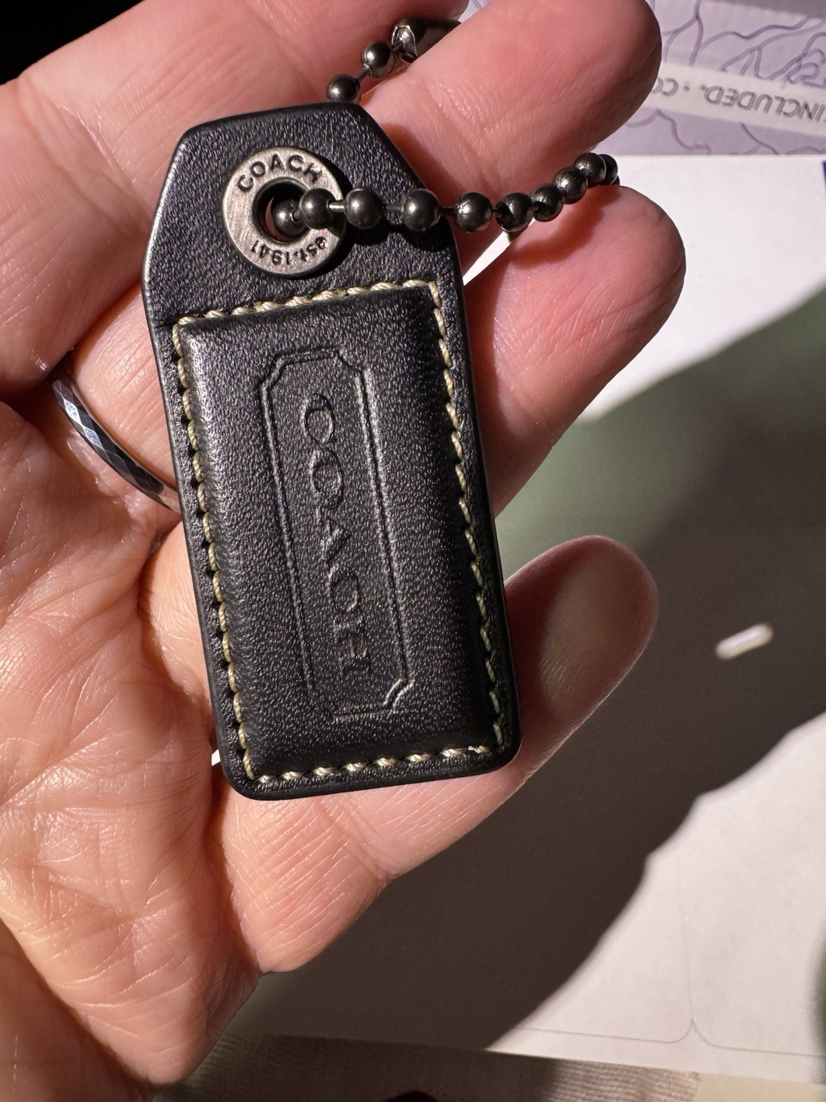 Coach Brown Leather Logo bag Hang Tag Keyring Ball Chain Vintage EUC