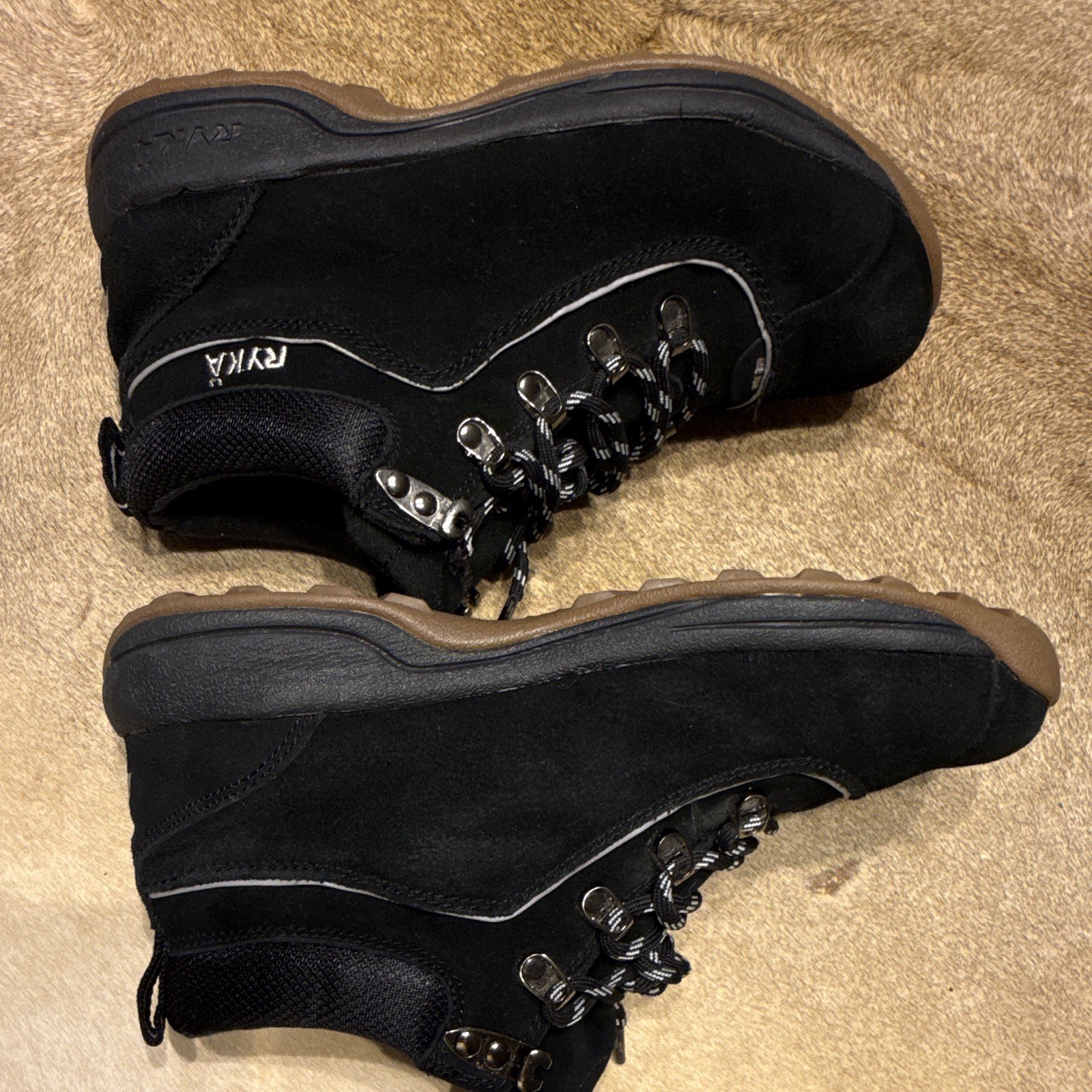 Ryka Terrain Hiking Ankle Boots Black Suede Leather US 7.5W Waterproof Lace Up