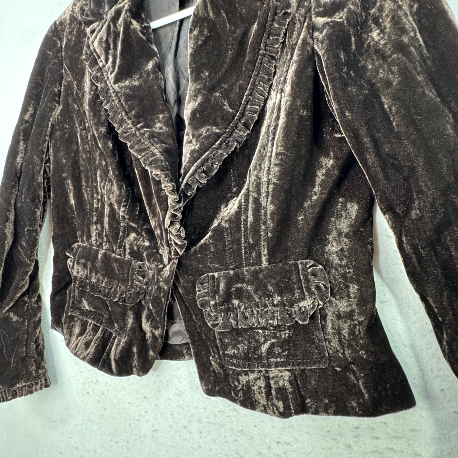 INC Velvet Blazer Womens Medium Brown Ruffle Trim Victorian Goth Jacket
