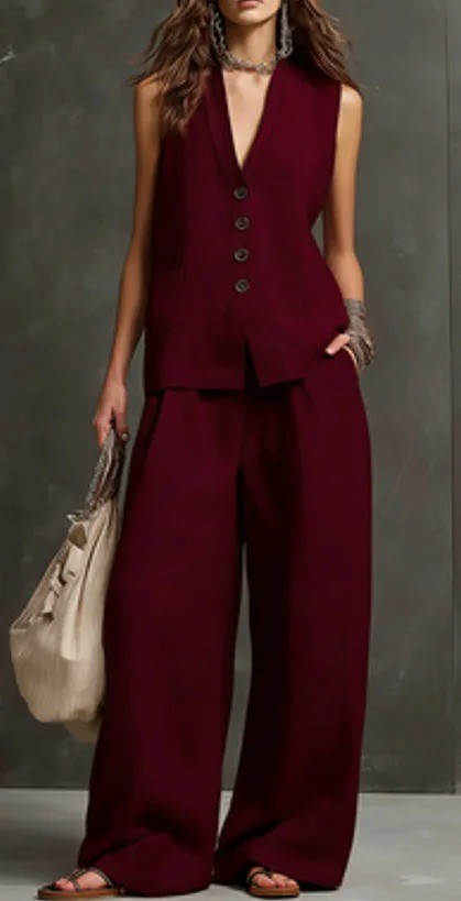 Women Solid Buttons Vest + Pocket Wide-leg Pants Suit Women Casual Two Piece Set