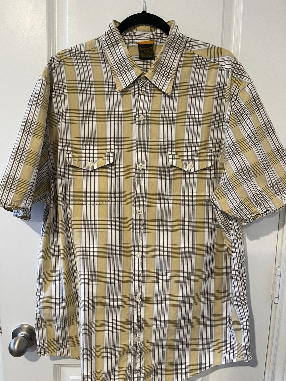 Timberland Utility Camp Plaid Short Sleeve Button-Up Cotton Pockets XL Beige