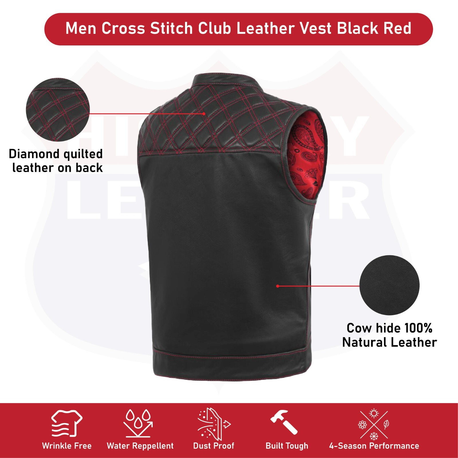 RED black men cross stich vest , HL11693SPTRED black men ,USA stock leather vest