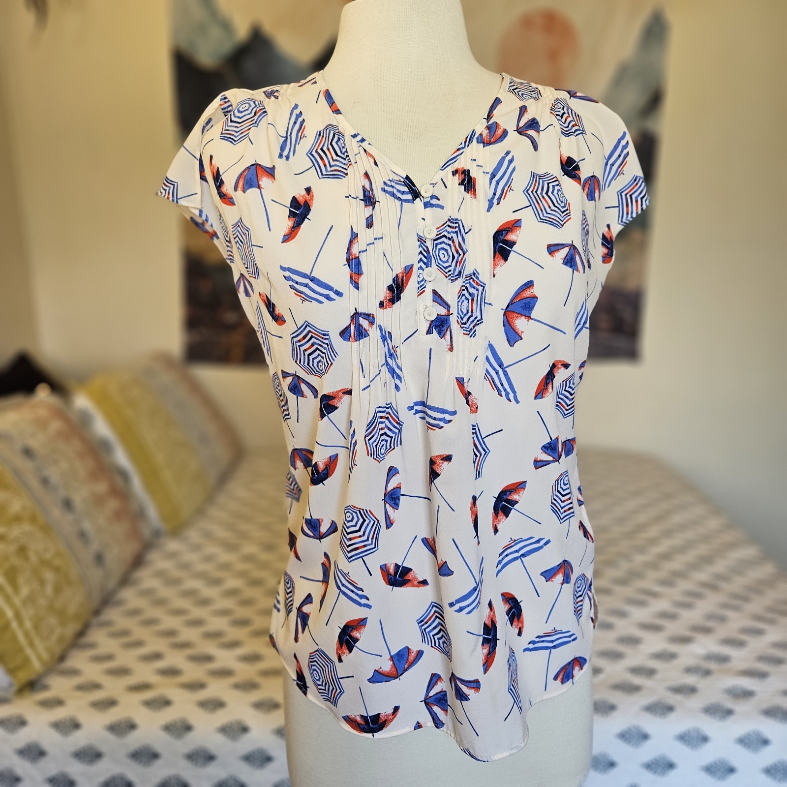 Talbots Petite PS Umbrella Print Blouse Cap Sleeve Nautical Beach Top Small
