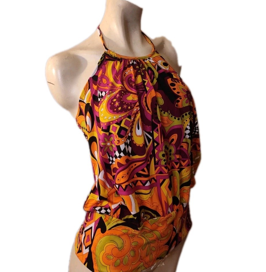 Vintage A buyer Halter Top Size Sm USA Psychedelic Floral Paisley Boho Hippie