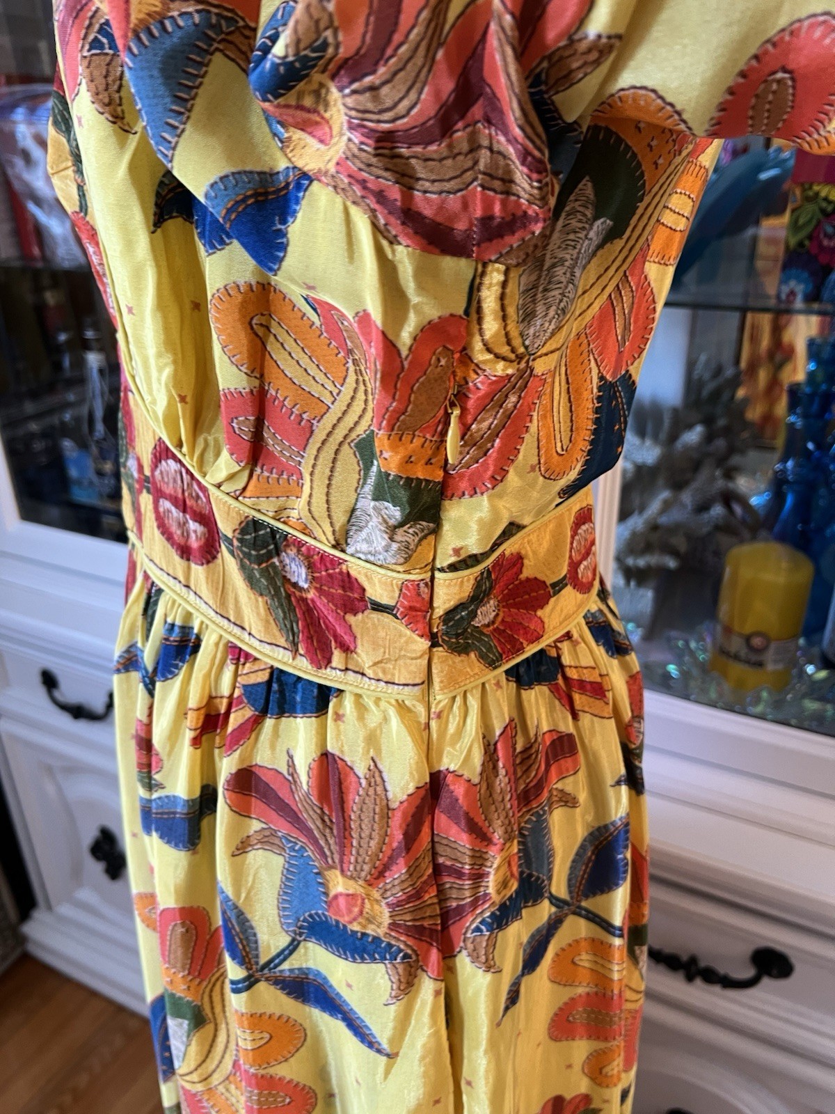 FARM Rio For Anthropologie Yellow Tropical Print Satin Like Fabric Maxi Dress M