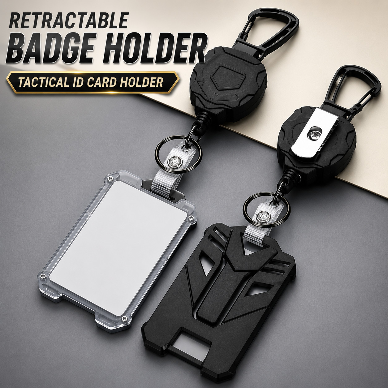 Retractable Badge Holder, Heavy Duty Carabiner Keychain, Tactical ID Card Holder