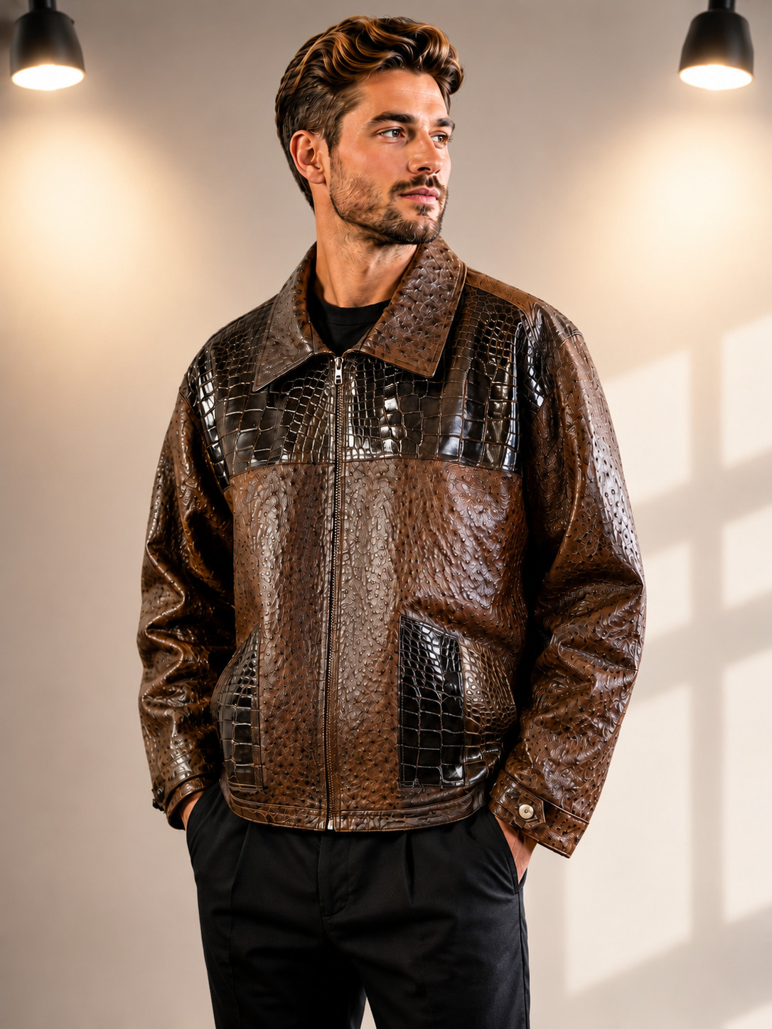 Premium Embossed Leather Jacket Croc & Ostrich Texture Handmade Vintage Style