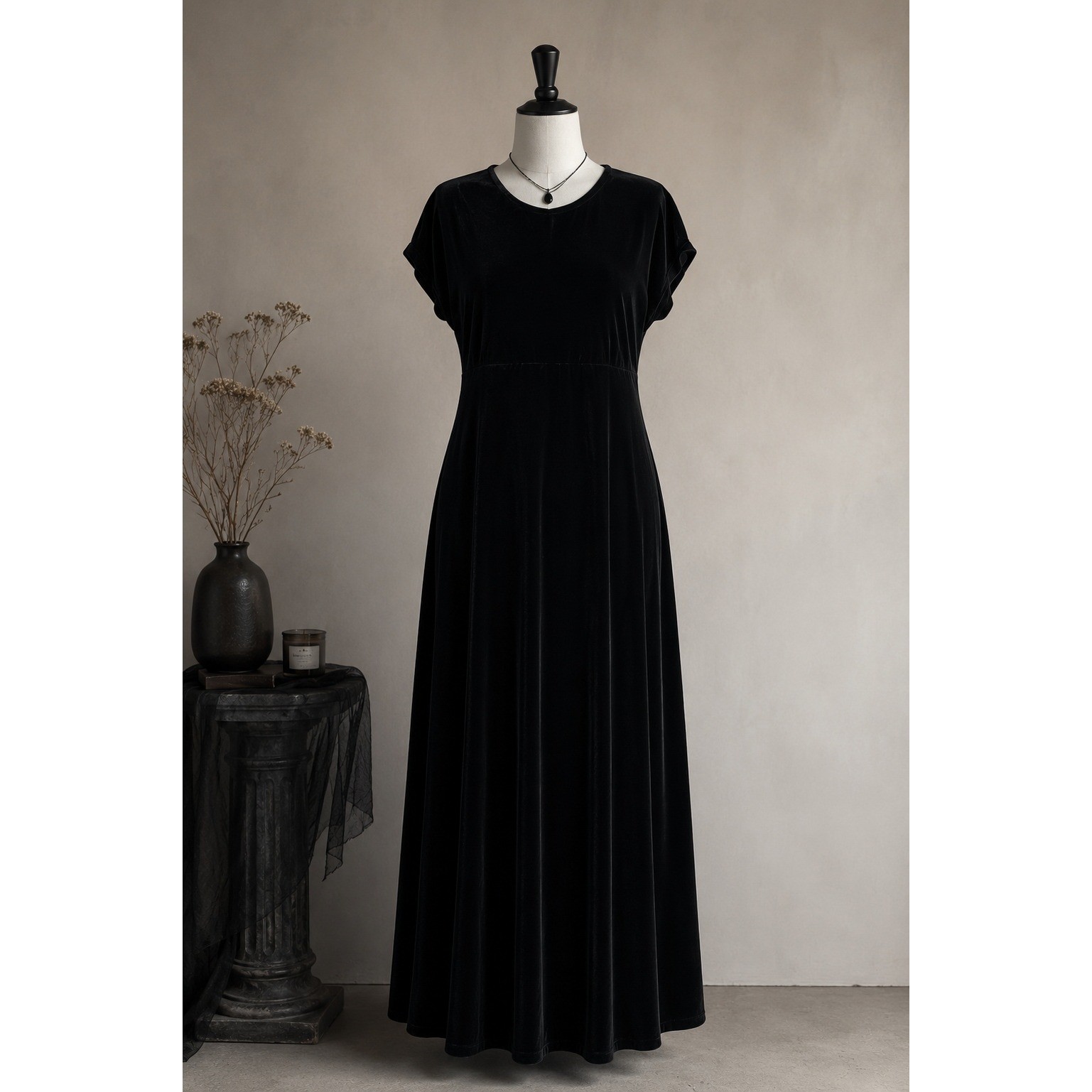 90s Goth Black Velvet Maxi Dress Empire Waist Minimalist 10 Medium