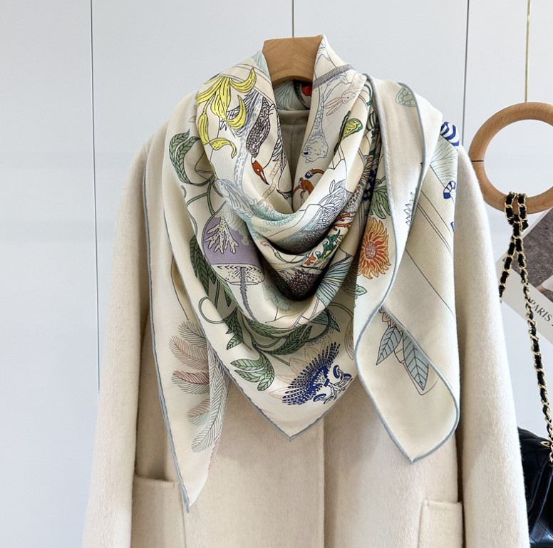 70% Cashmere 30% Silk Wrap Scarf garden Print Double Face Print Shawl 135X135cm