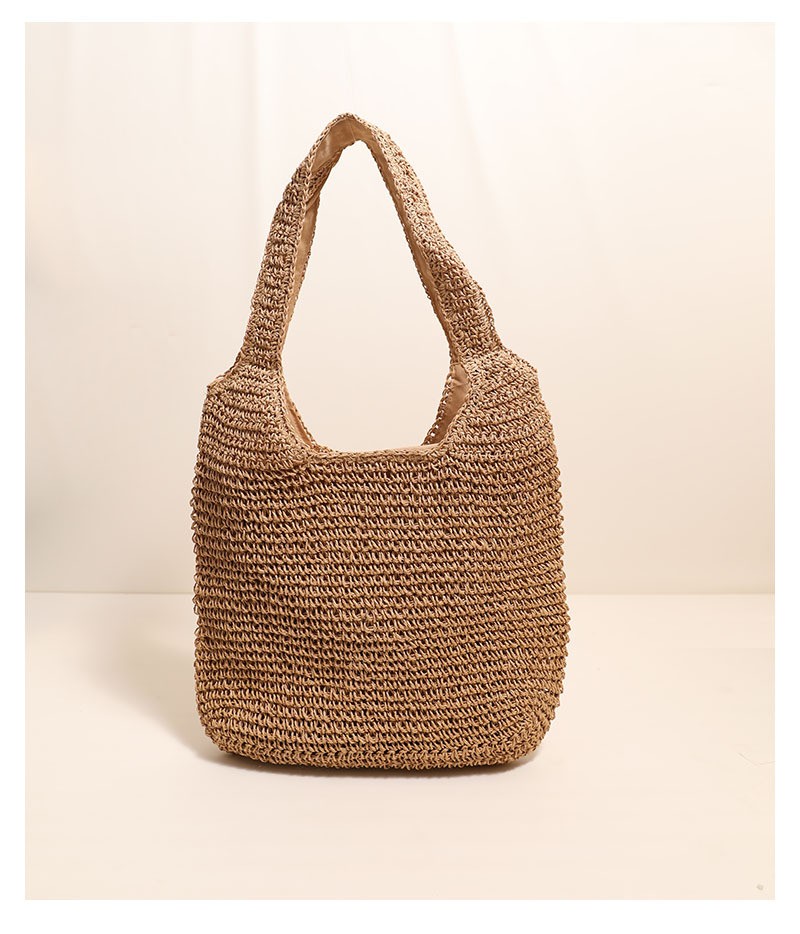 Women Simple Solid Color Large Capacity Straw Shoulder Tote Bag For Vacation