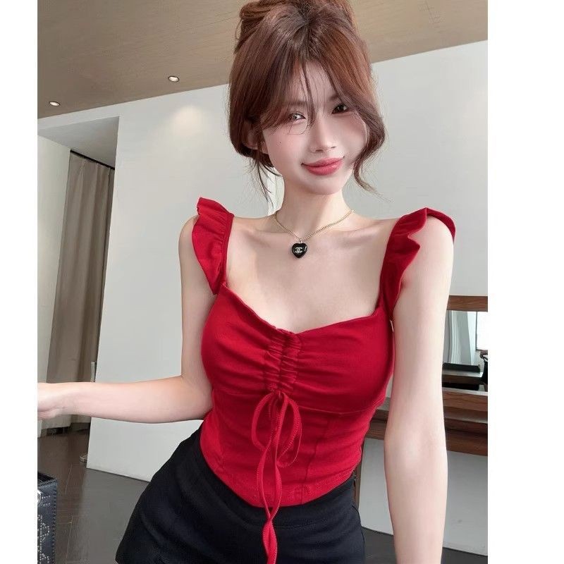 Red Camisole Bishop Sleeves Square Neckline Womens Sleeveless Top