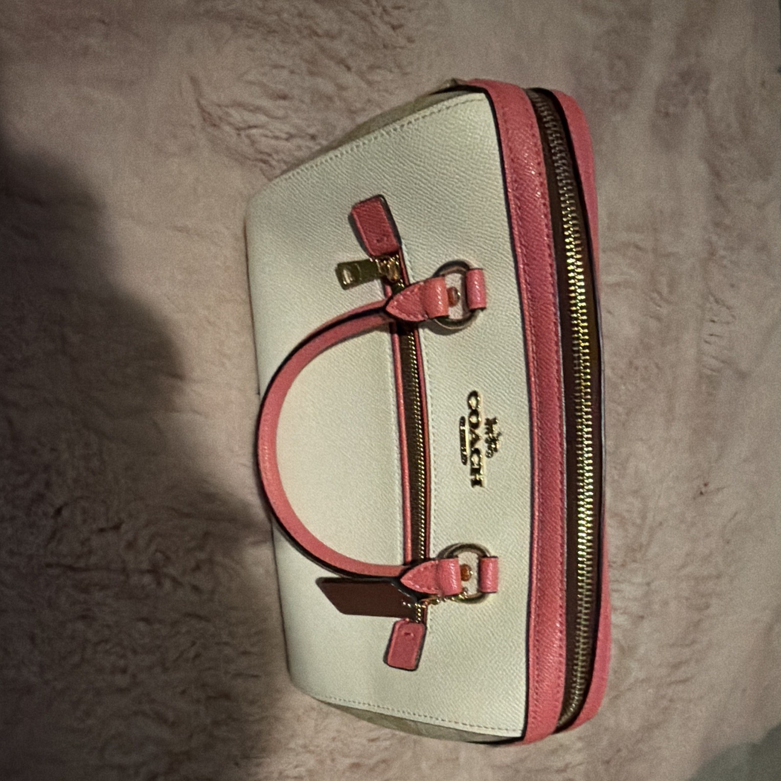 Coach White/Pink Colorblock Satchel Top Handle Zip Gold HW Front Pocket Charm