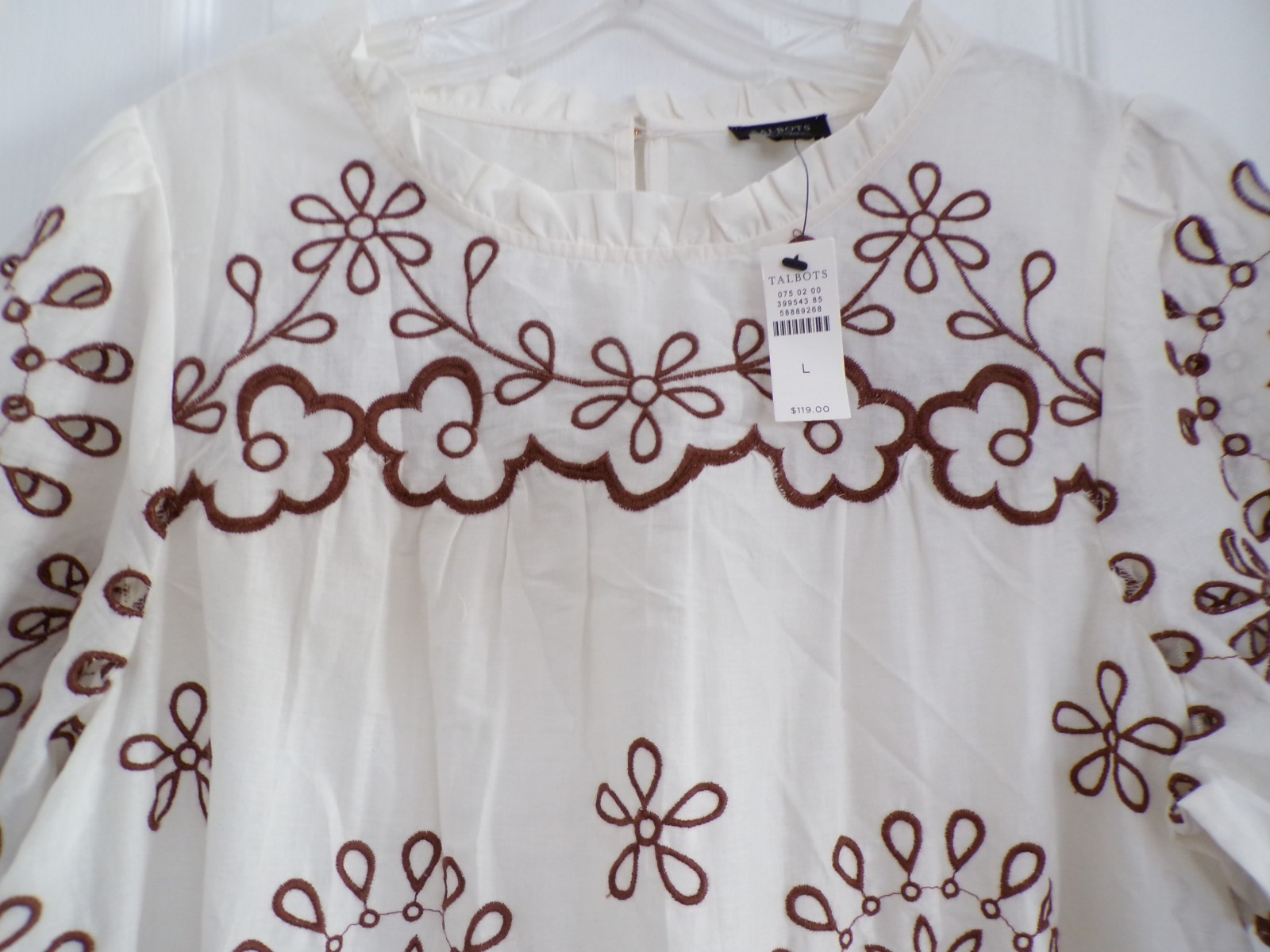 NWT NEW SUMMER TALBOTS SIZE LARGE EMBROIDERED VOILE TOP IVORY / BROWN $119.00
