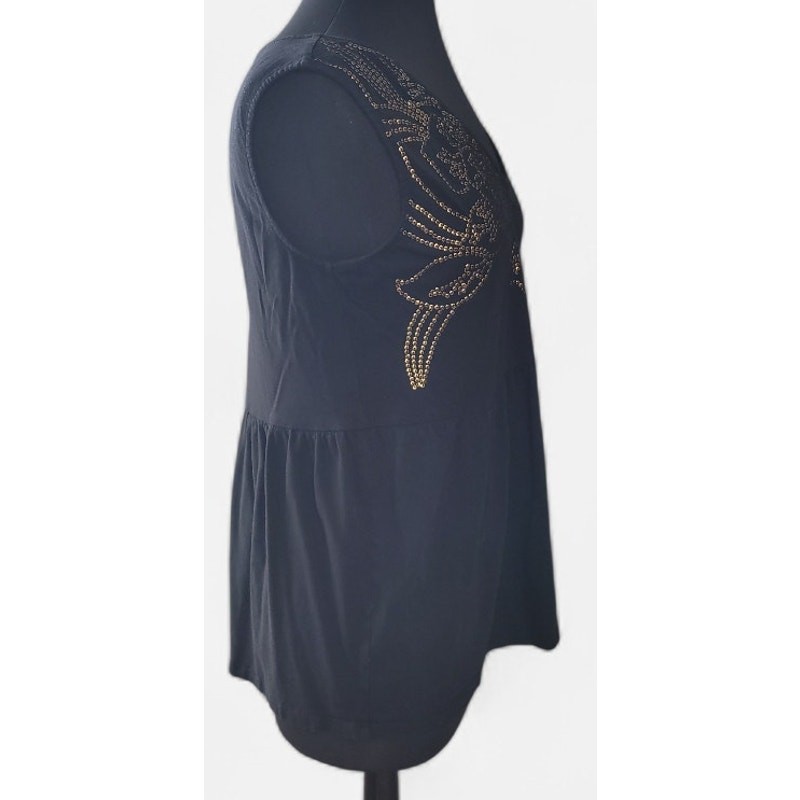Victoria’s Secret Y2K Black Gold Embellished Blouse Deep V Babydoll Rocker M