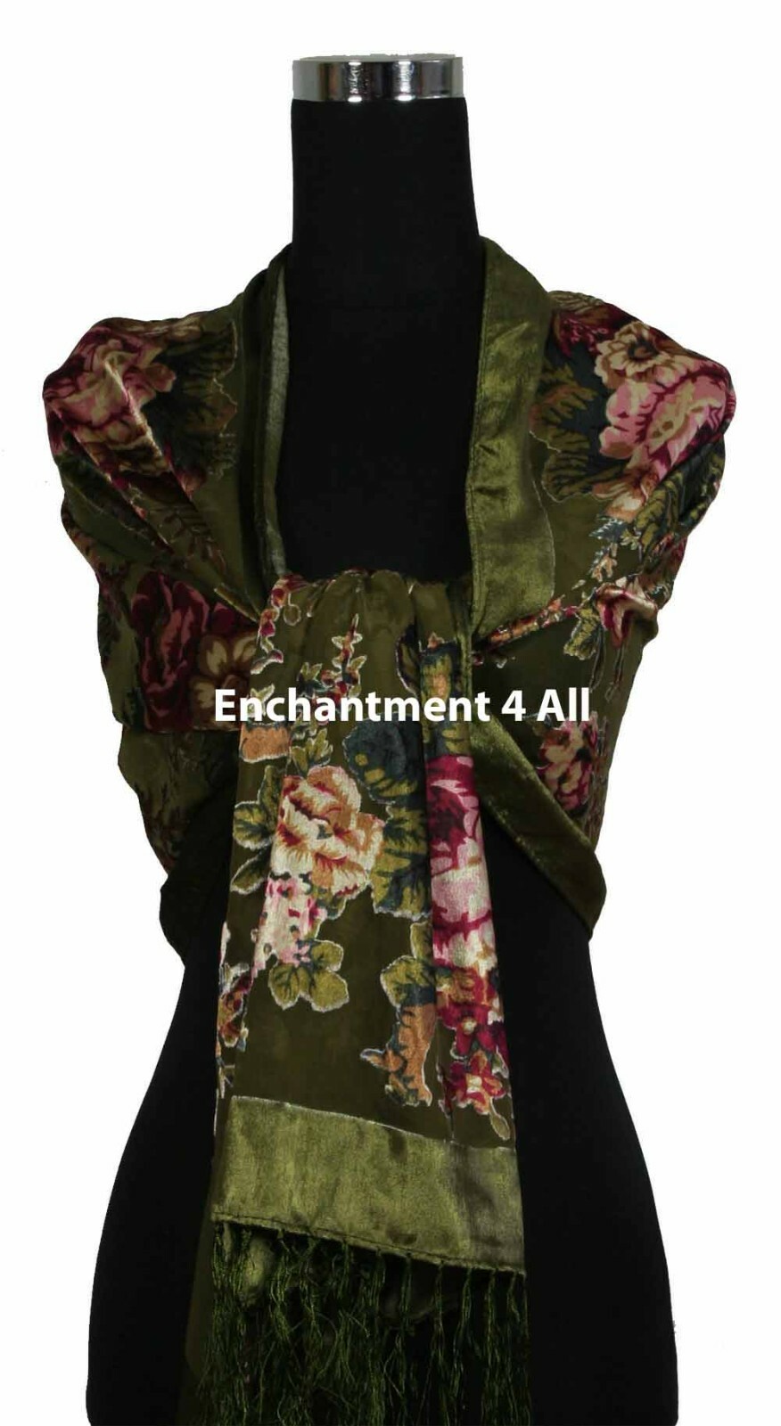 Elegant 100% Silk Burnout Velvet Vintage Floral Oblong Scarf Shawl Wrap, Green