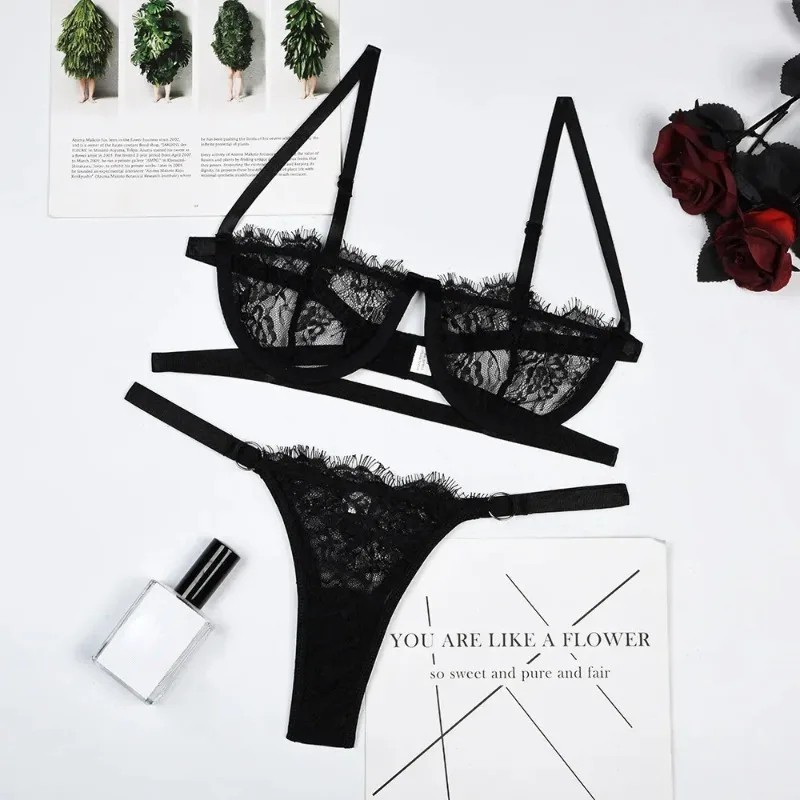 Women’s Lace Embroidered Bra Set Sheer Mesh Push Up Lingerie Underwear Set