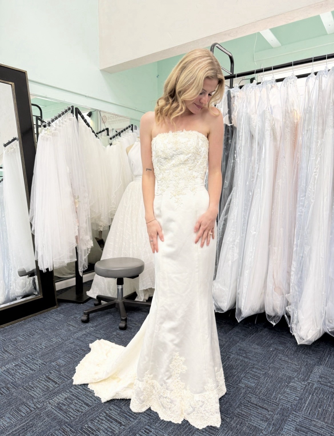 Ivory Strapless Lace Beaded Mermaid Wedding Dress with Train, Zipper Back