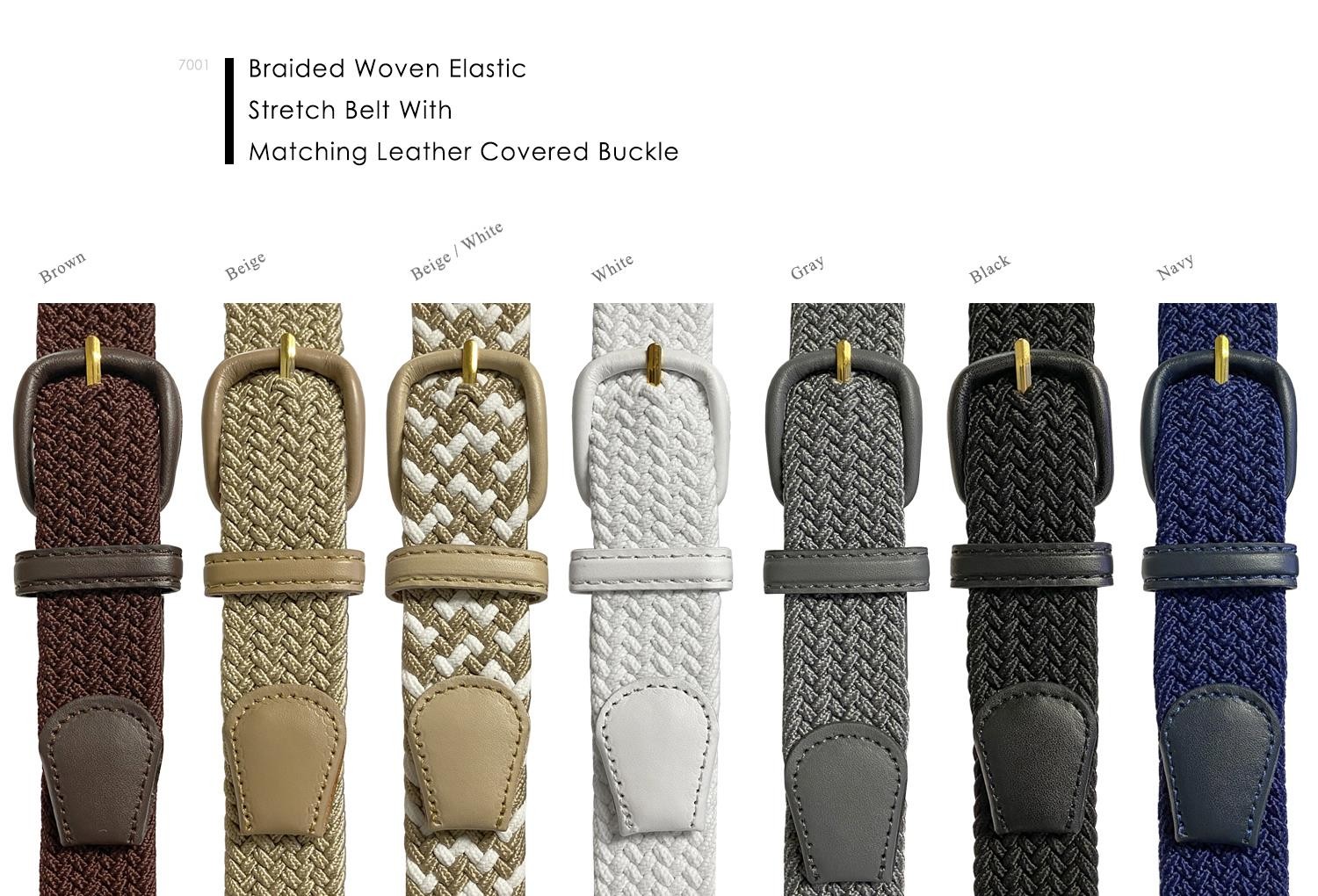 7001 Men’s Leather Covered Buckle Woven Elastic Stretch Belt 1-1/4″ Wide