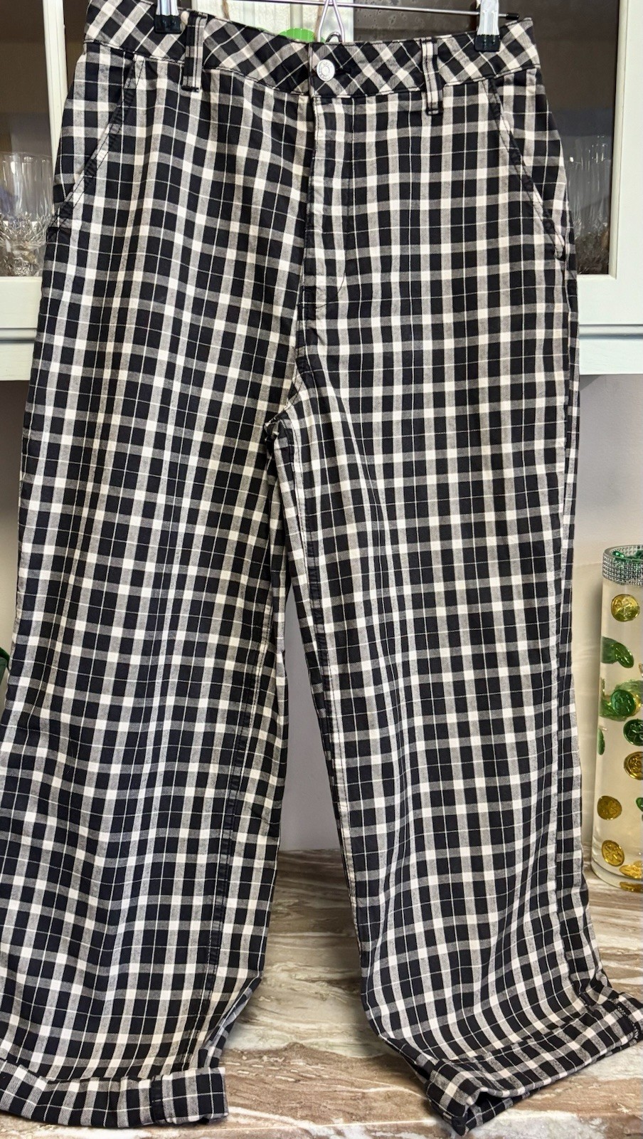 ASOS DESIGN Women Pants Size 6 Black White Checkered Plaid High Rise Wide Leg
