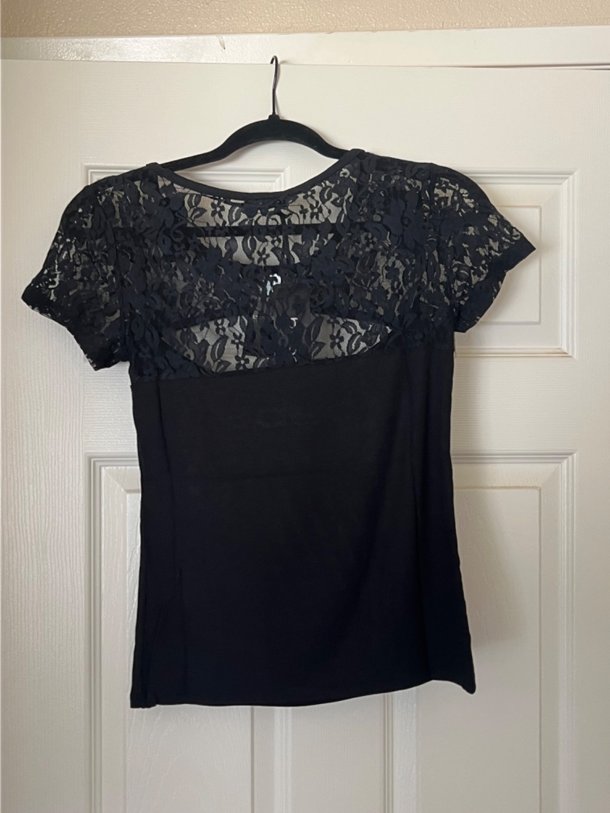 Authentic Bebe Women’s Black Rhinestone Sheer Floral Lace Blouse Shirt