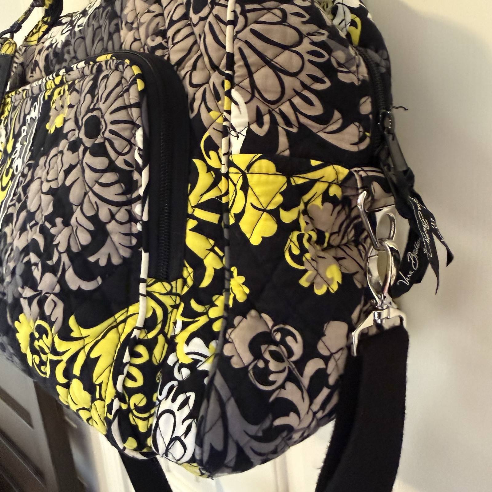 Vera Bradley Fanfare Traveler Weekender Bag Black White Yellow Boho Paisley
