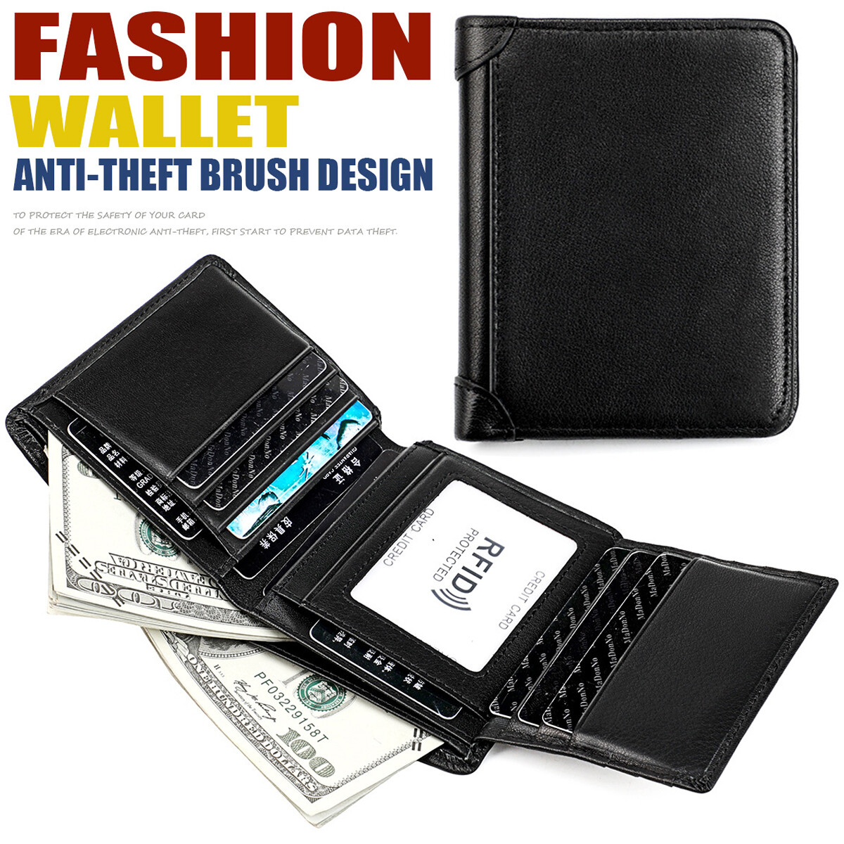 Genuine Leather Wallets For Men Slim Minimalist Trifold Wallet RFID Blocking