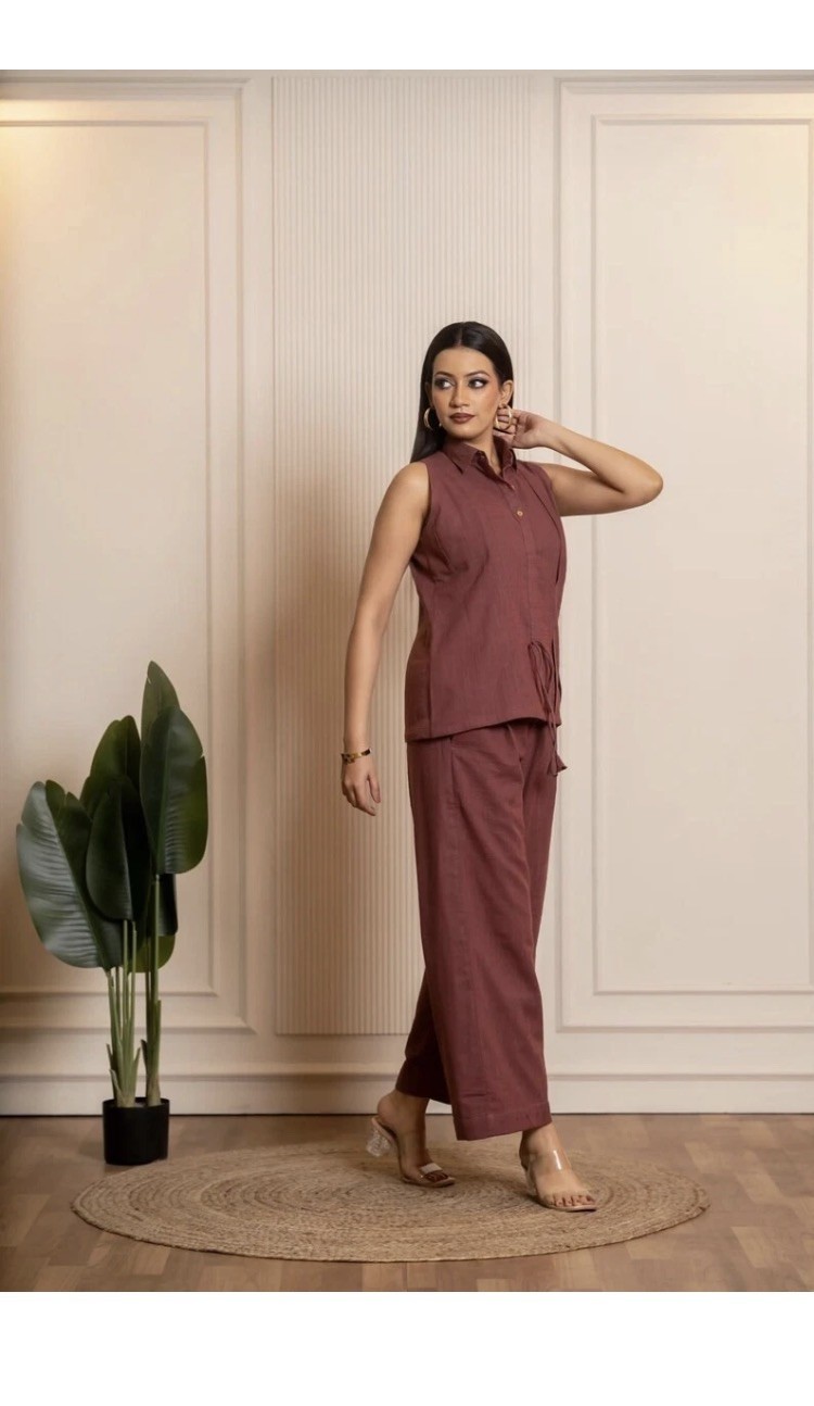 Brown Cotton Slub Co-ord Sets, Top & Palazzo Set, Two-Piece Outfit, Co ord Set