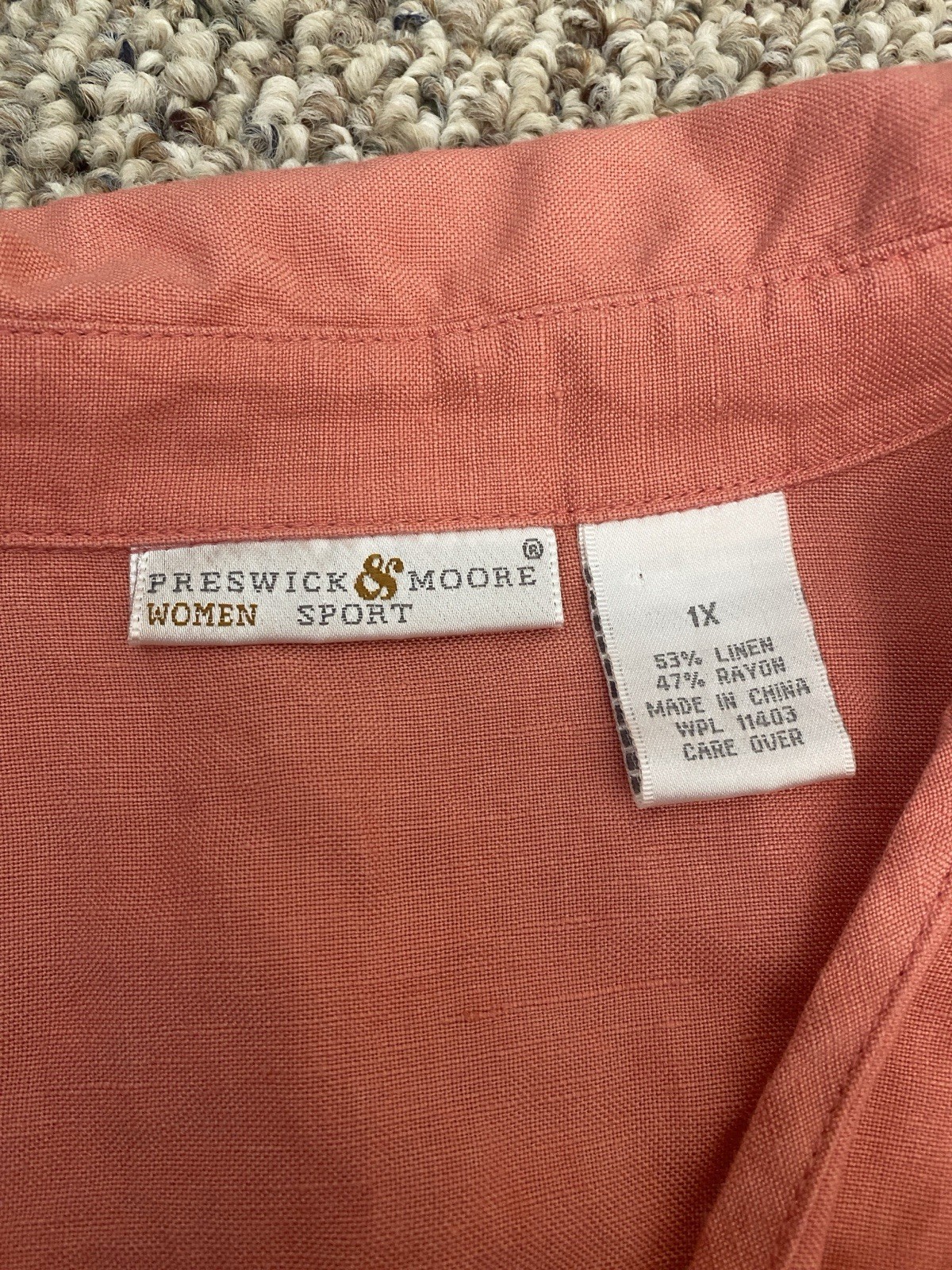 Preswick & Moore Pink Embroidered Linen Rayon Collared 3/4 Sleeve Blouse 1X