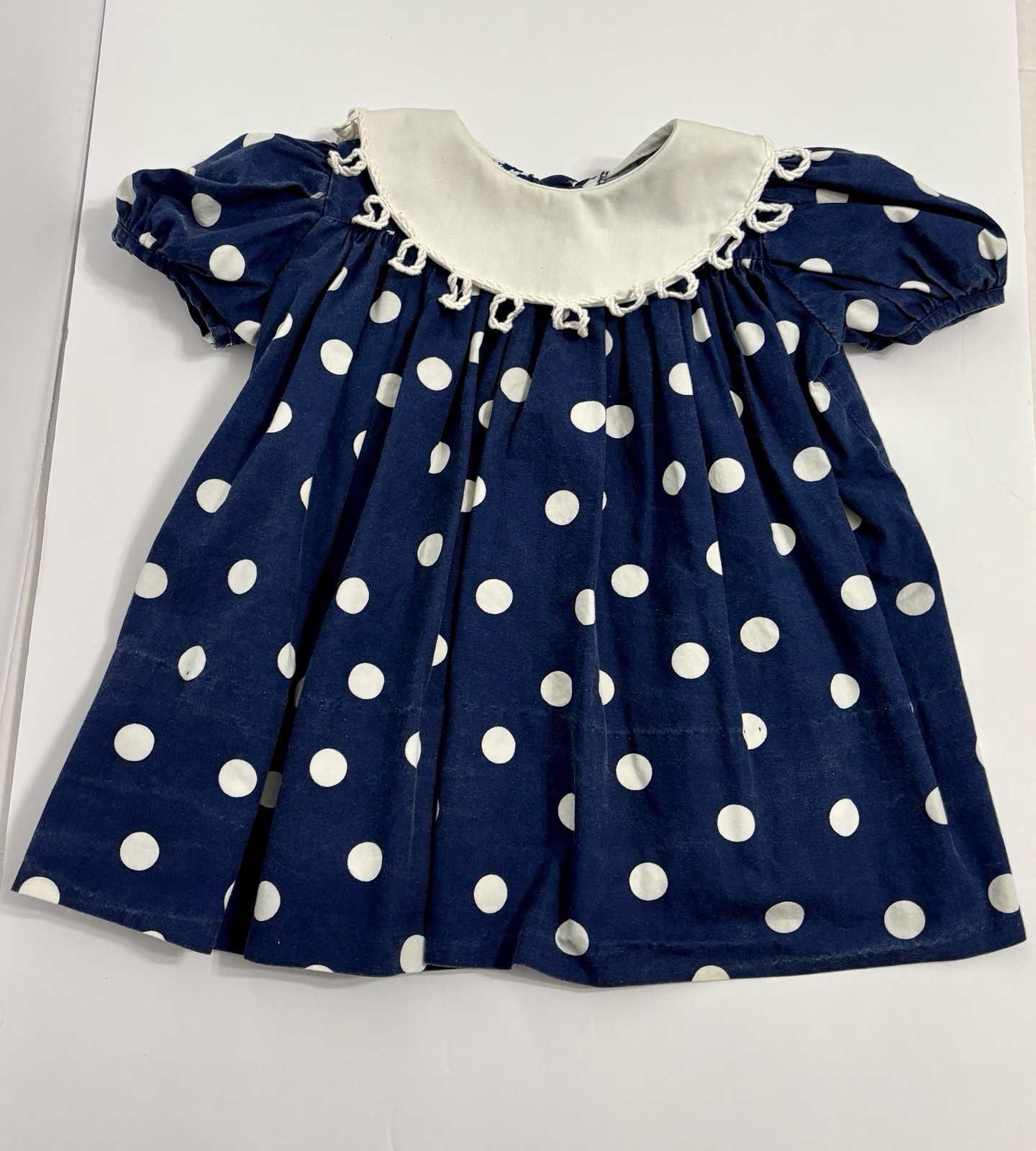 Vintage Mondays Child Dress 24 Months Polka Dot Peter Pan Collar Navy Blue USA