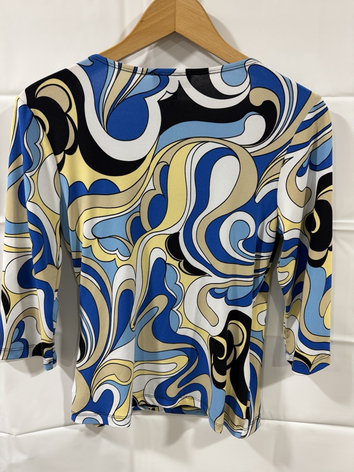 Women’s Abstract Swirl Print Stretch Top Blue Yellow Black 3/4 Sleeve Small