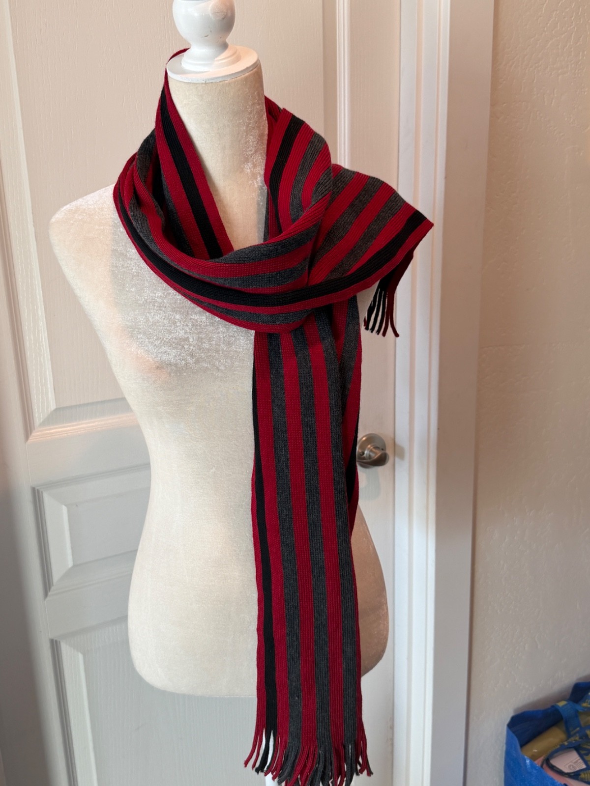 V. Fraas Mens Scarf Red, Navy Gray Stripes Wool Size 66 x 11 Made In Germany