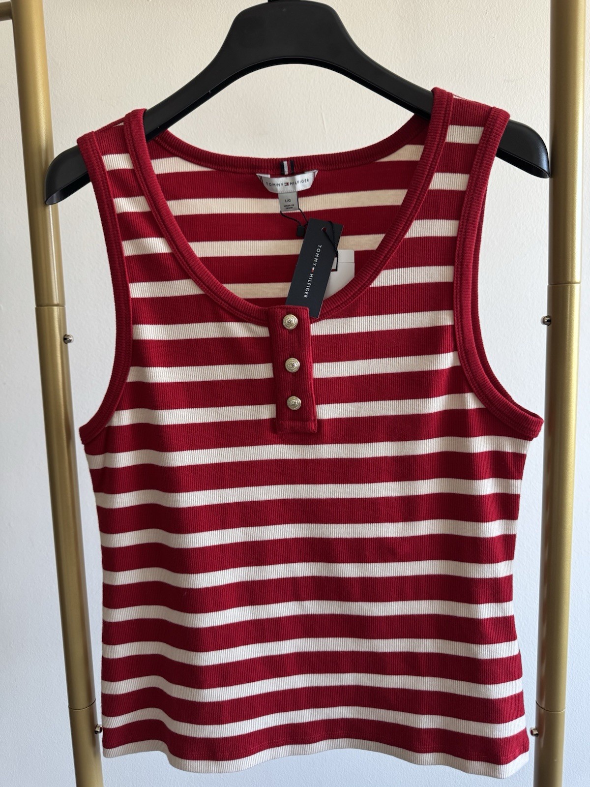 Tommy Hilfiger Women’s Red/White Striped Scoop Neck Button Knit Tank Top L
