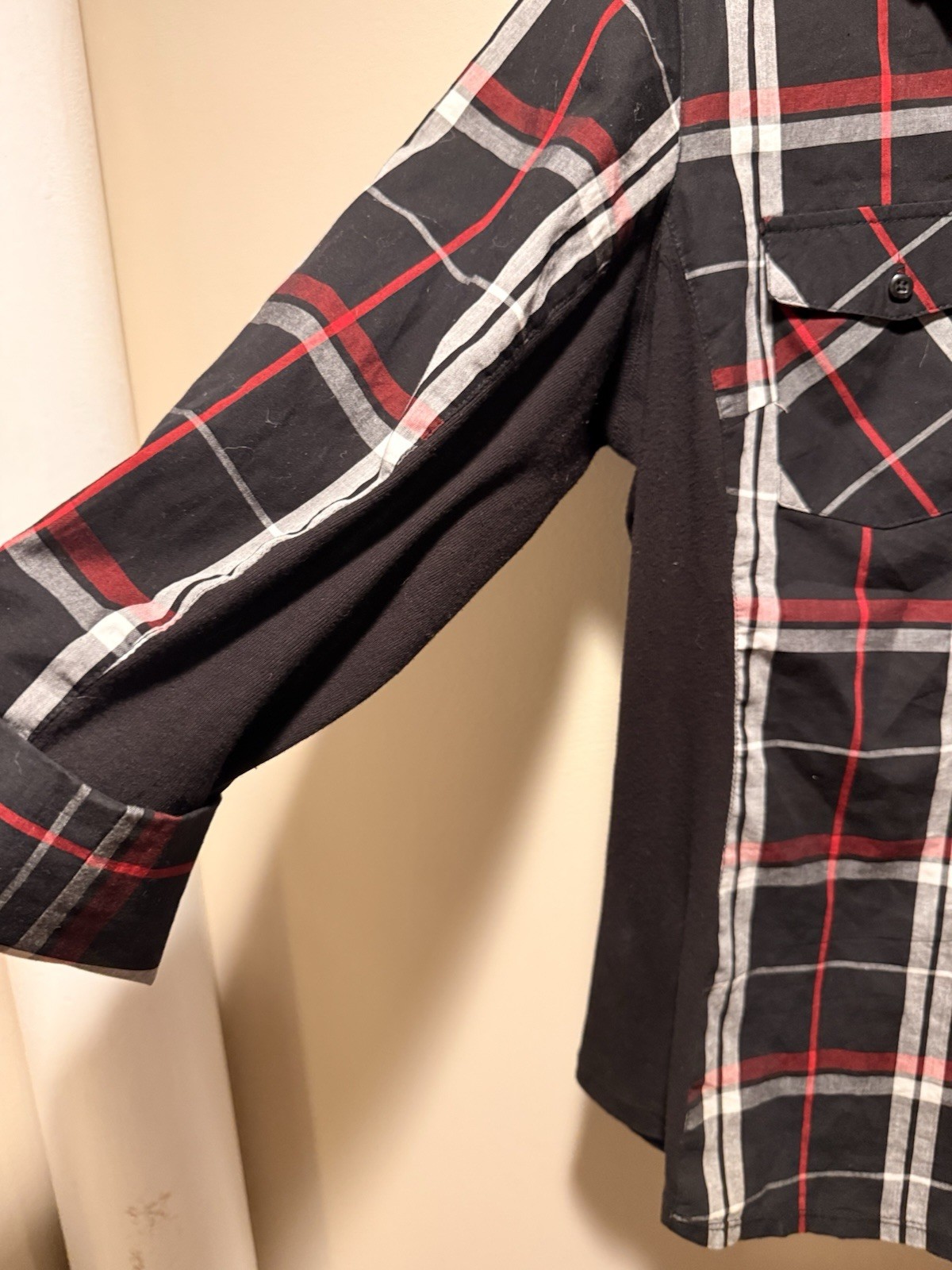 Women’s Button-Up Black Red/White Plaid Shirt 3/4 Length Sleeve Knit Sides XL
