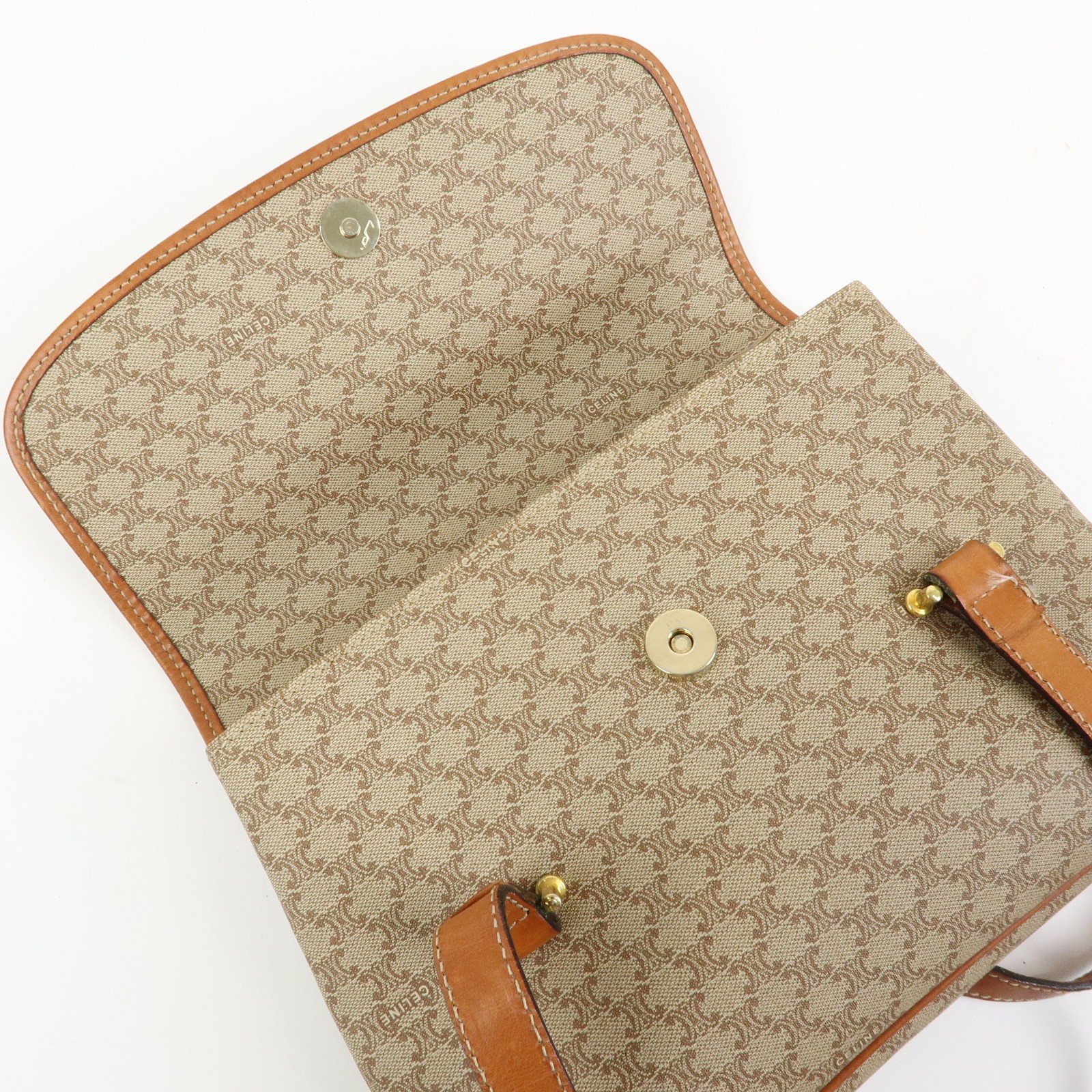 CELINE Logo Macadam PVC Leather Hand Bag Shoulder Bag Beige Brown Auth Used F/S