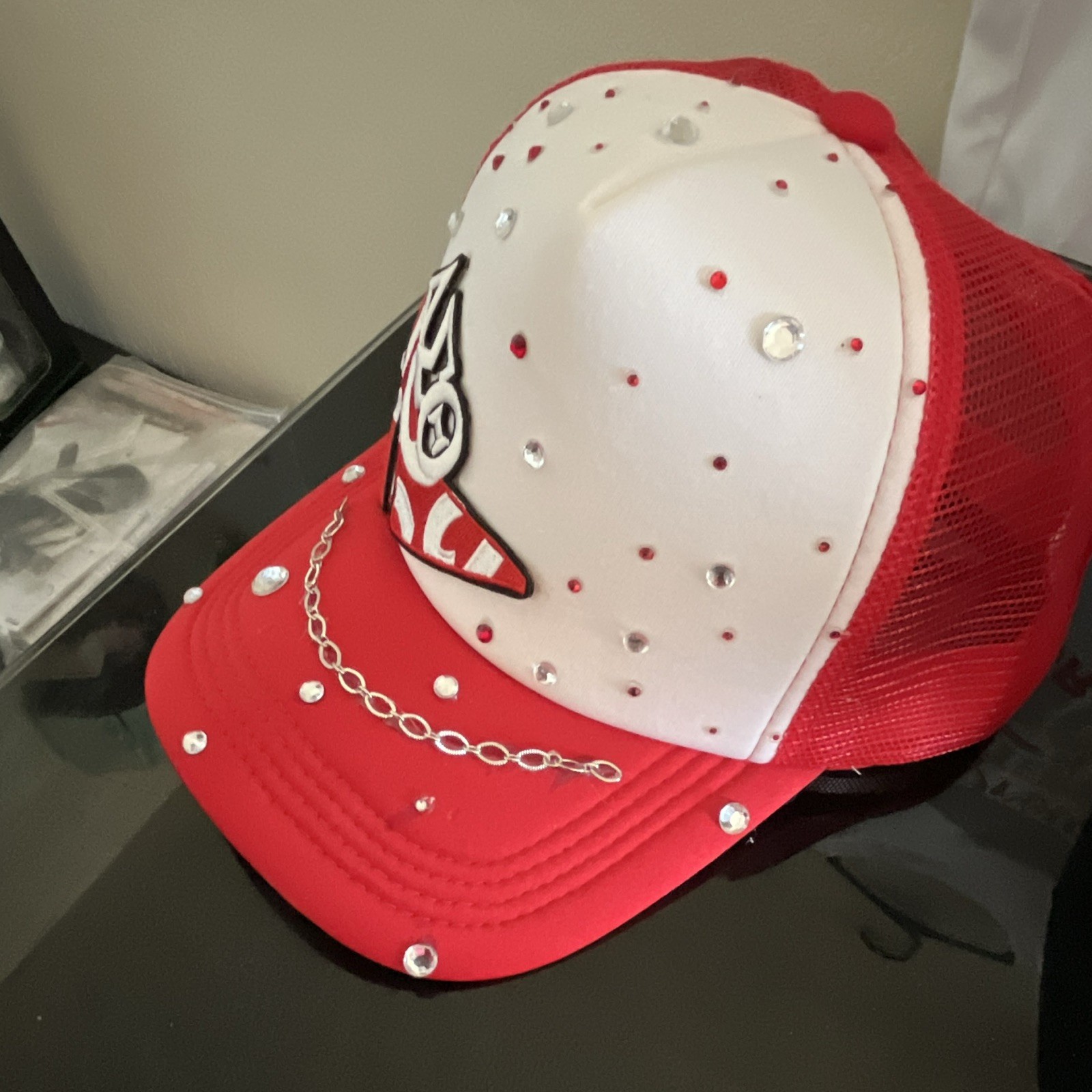 ROCK Red/White Rhinestone Mesh Back Adjustable Trucker Hat Unisex One Size