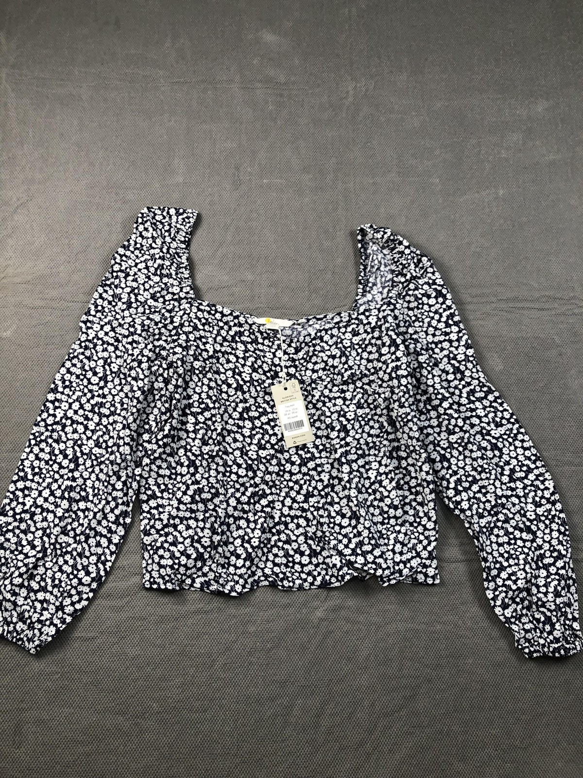 Boden Blouse Womens 10 Blue Square Neck Long Puff Sleeve Floral Cropped NWT