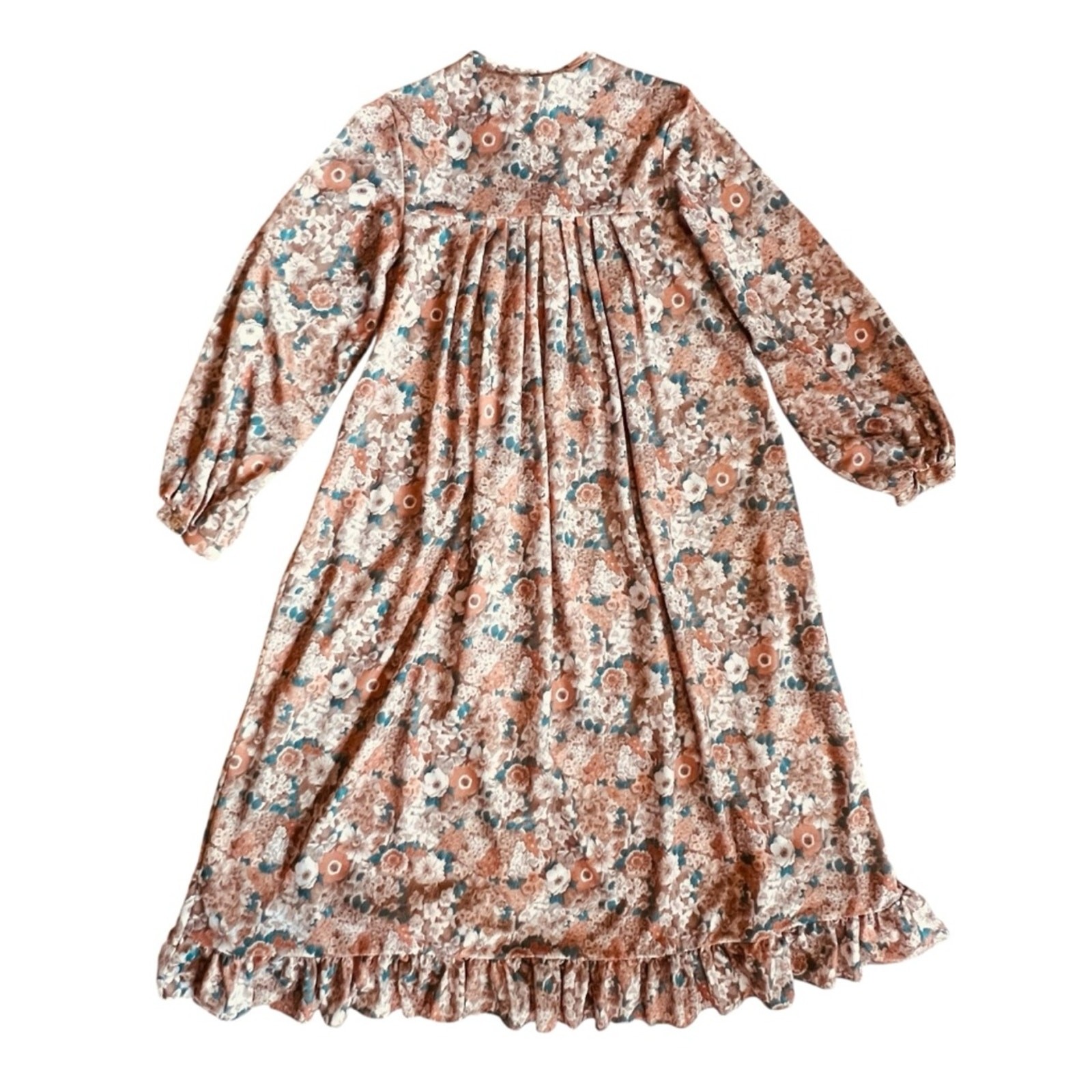 Vintage 70s Bob Simmons Women’s Sz S Tan Floral Ruffle Dress Midi Long Sleeves