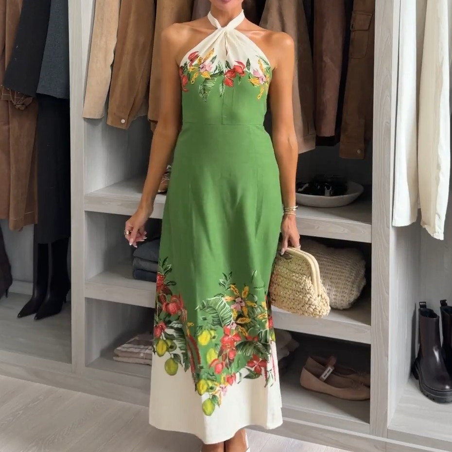 NWT H&M Linen-blend Halterneck Dress Green/flowers 1329753001 Sizes S, M, L