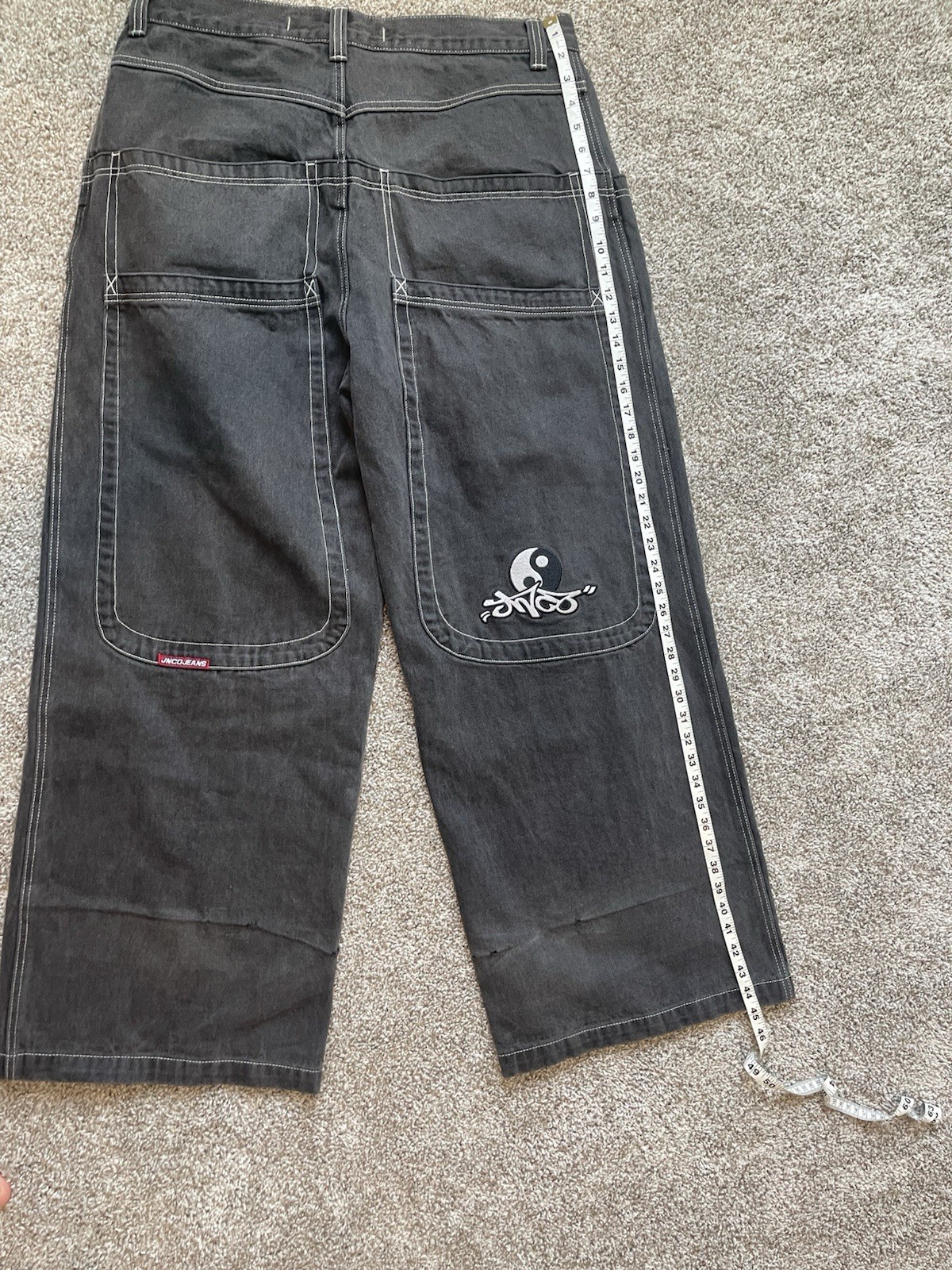 JNCO Men’s Gray Wide-Leg Denim Jeans Relaxed Fit Mid Rise Logo 5-Pocket