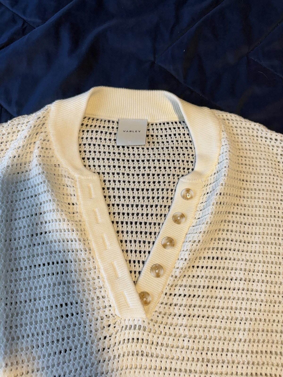 Varley Callie Knit Top M Egret Cream Medium Women’s Button Short Sleeve Shirt