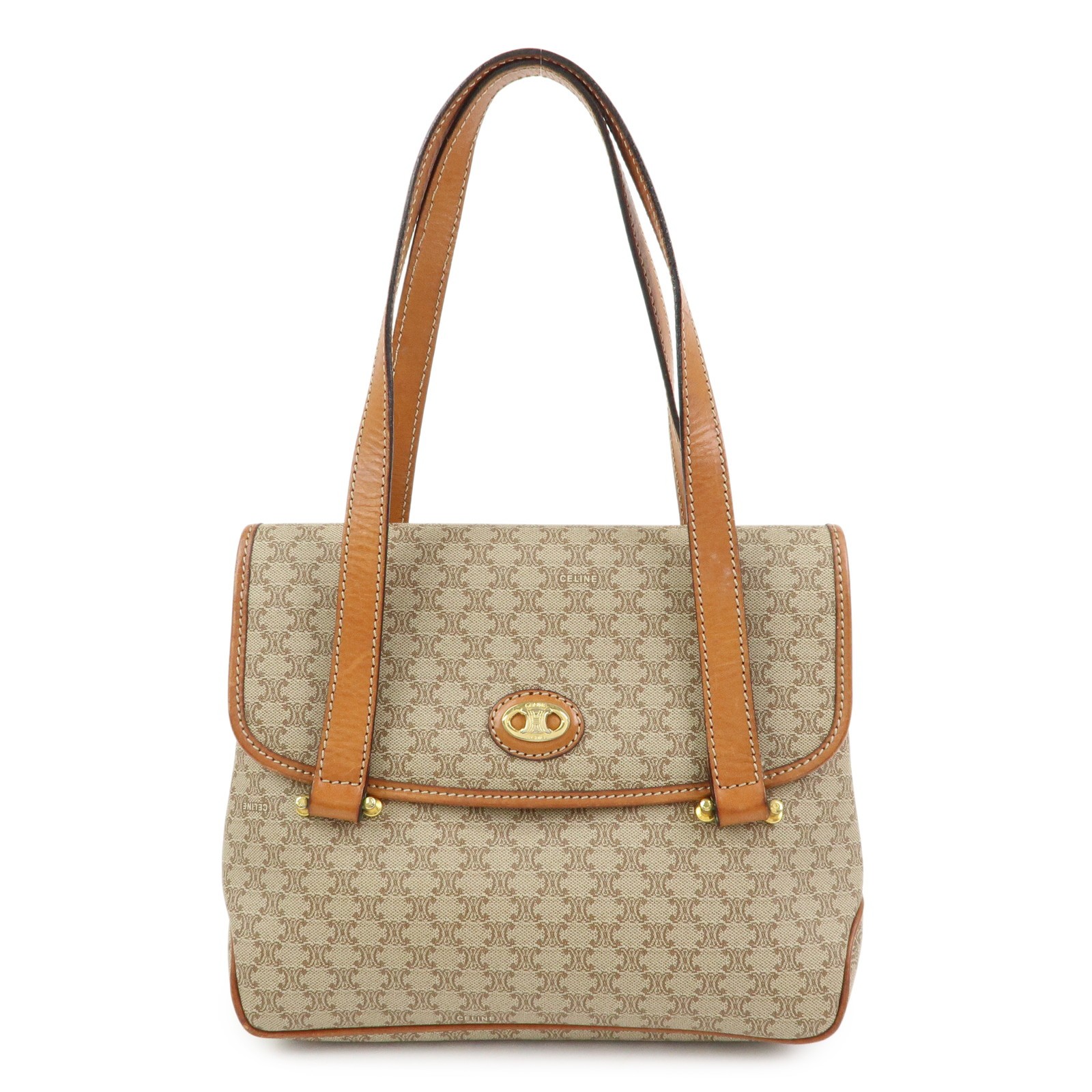 CELINE Logo Macadam PVC Leather Hand Bag Shoulder Bag Beige Brown Auth Used F/S