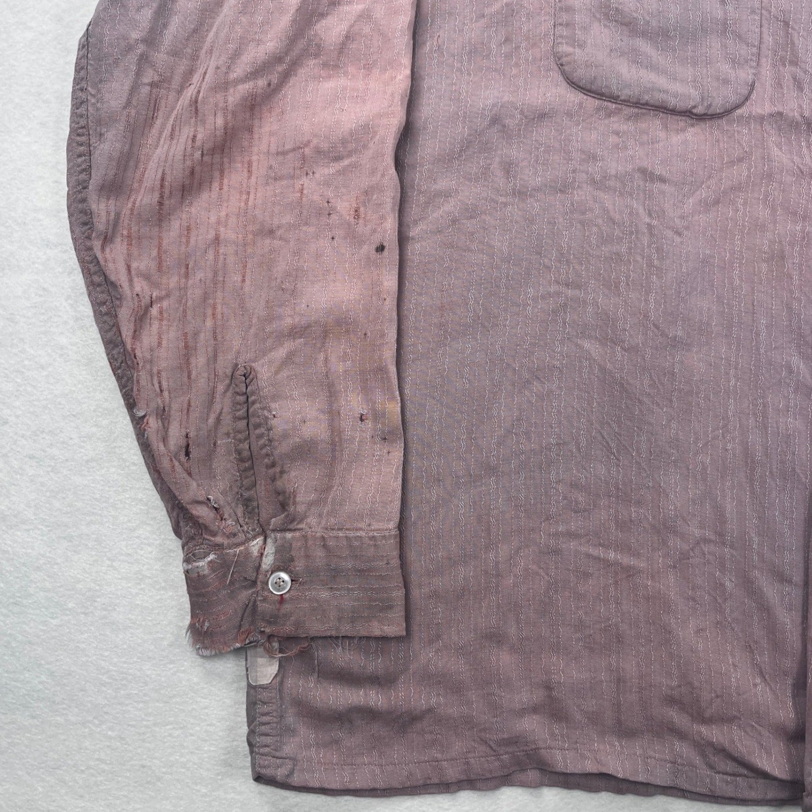 Vintage 50s 60s Wings Mauve Wavy Rayon Gab? Stripe Button Up Shirt XL Patched