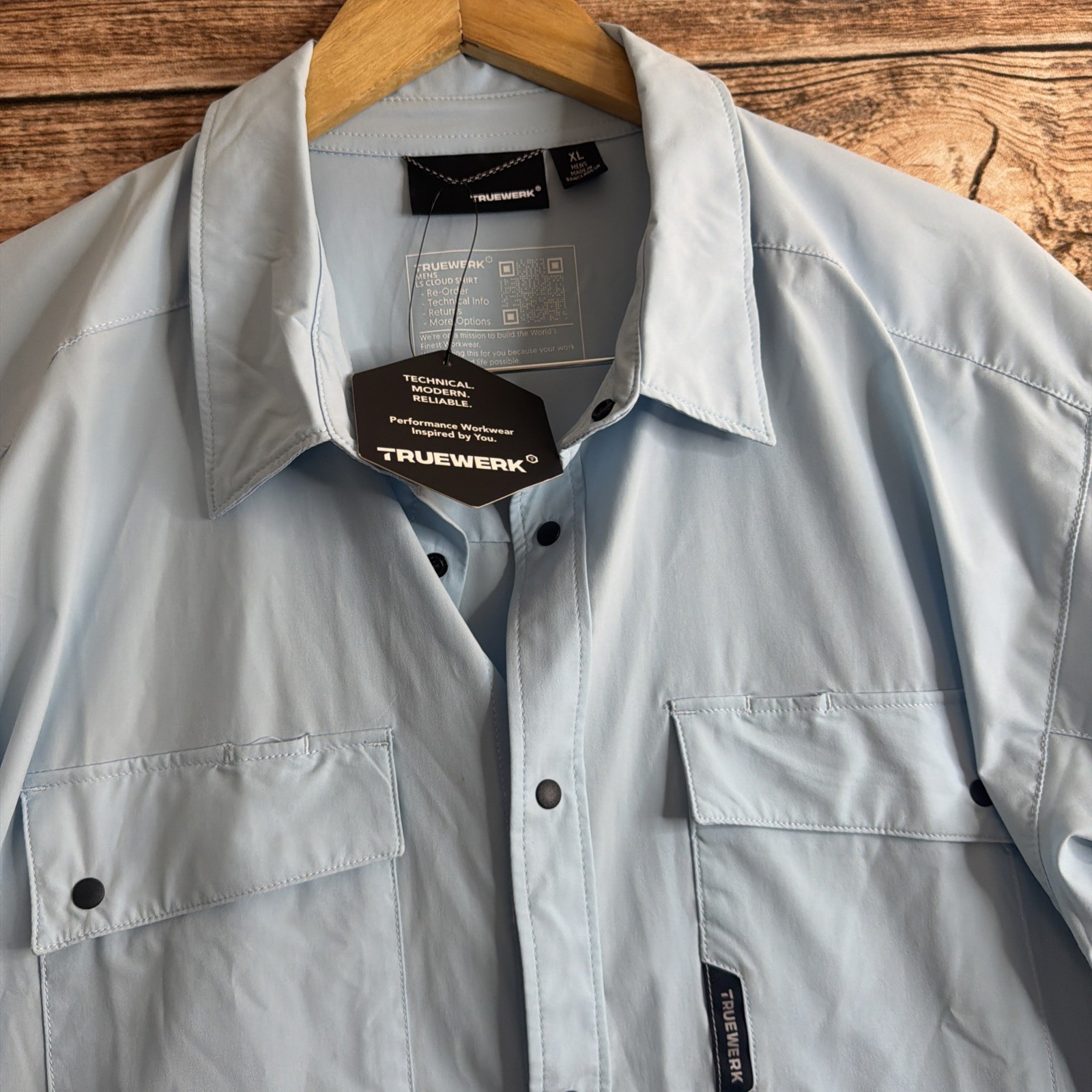 TRUEWERK CLOUD Mens XL Snap Front L/S Workwear Chest Pockets LIGHT BLUE Shirt