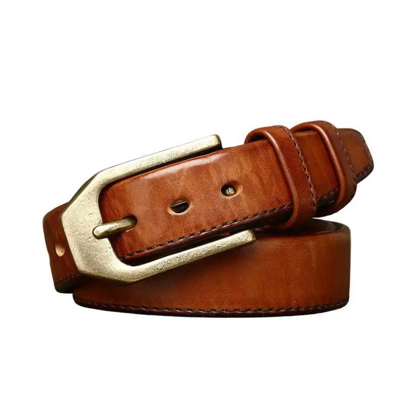 3.8CM Double Sided Full Grain Leather Belt Mens Pin Buckle Thick Cowhide Brass