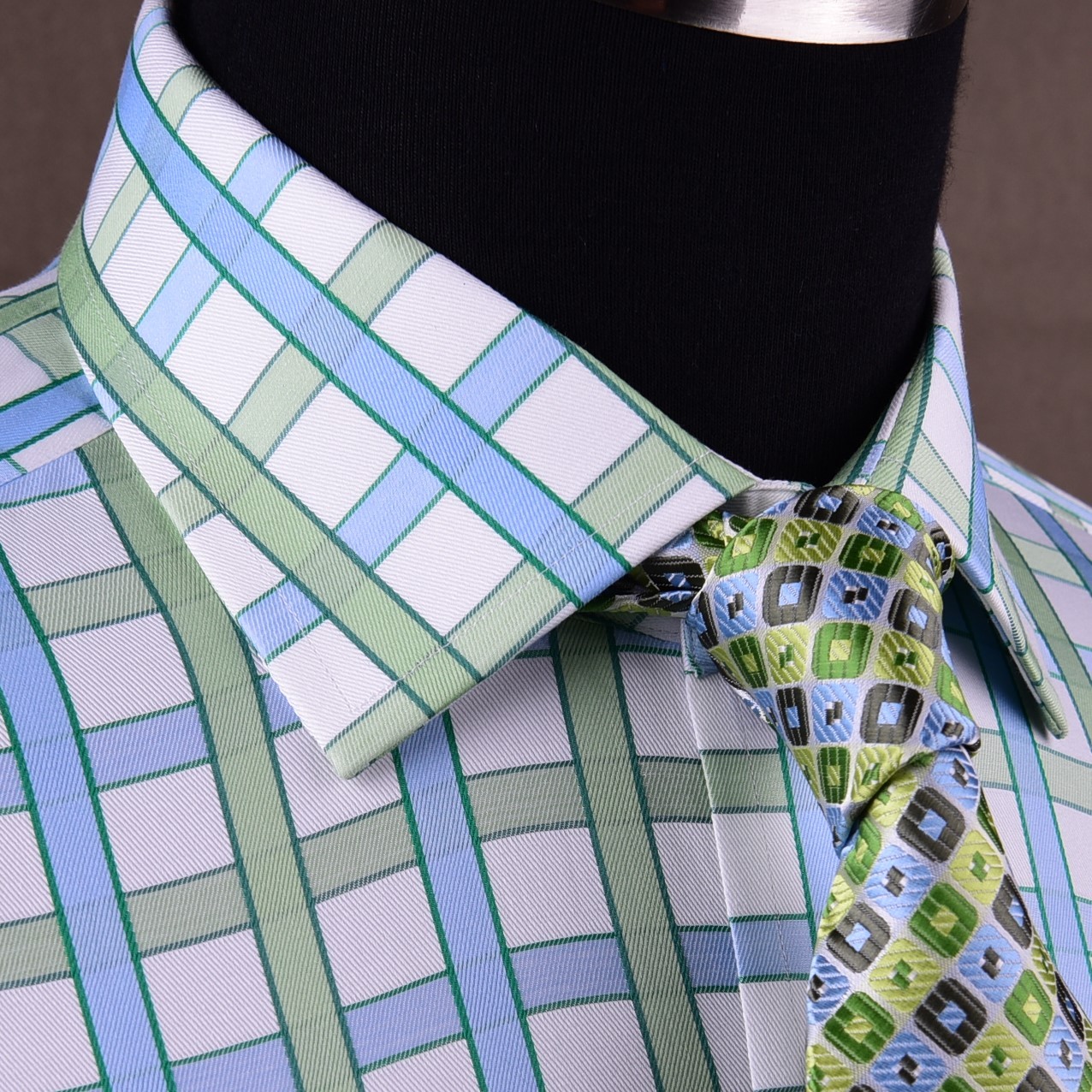 Blue Green Plaids & Checks Formal Business Dress Shirt Short Sleeve Button Down