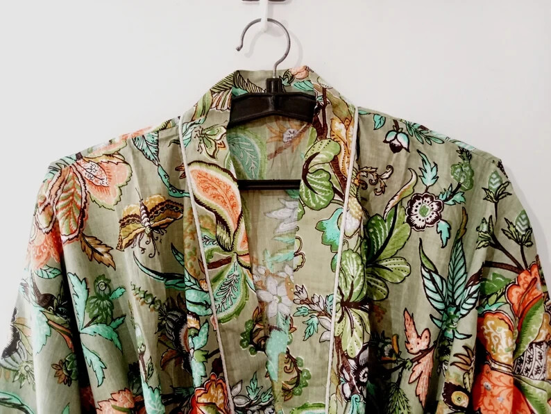 Indian Floral Printed 100% Cotton Robe Long Kimono Sleepwear Night Kimono Dress