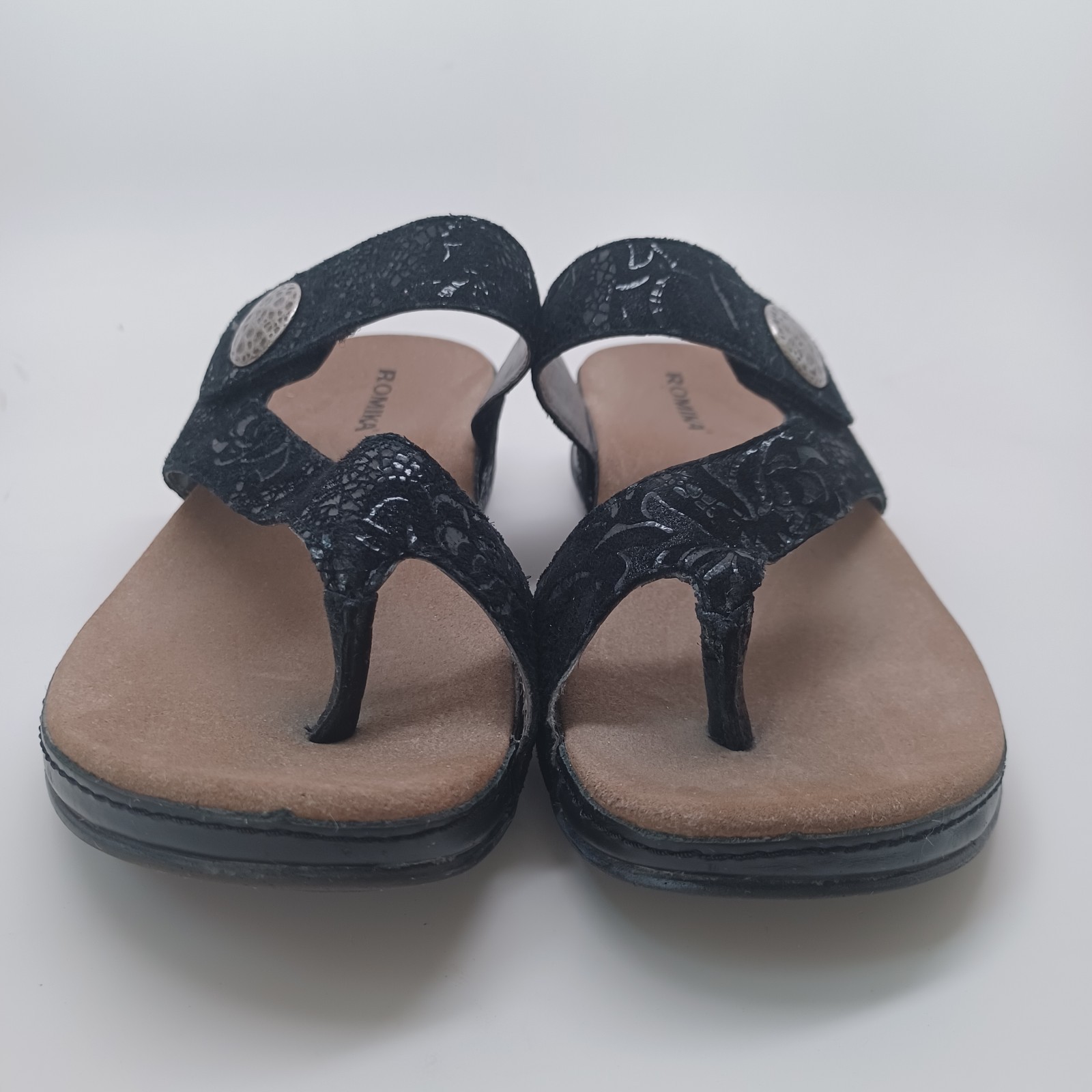 Romika Sandals Black Velvet Leather Comfort Wedge Germany Womens 38 or US 7.5