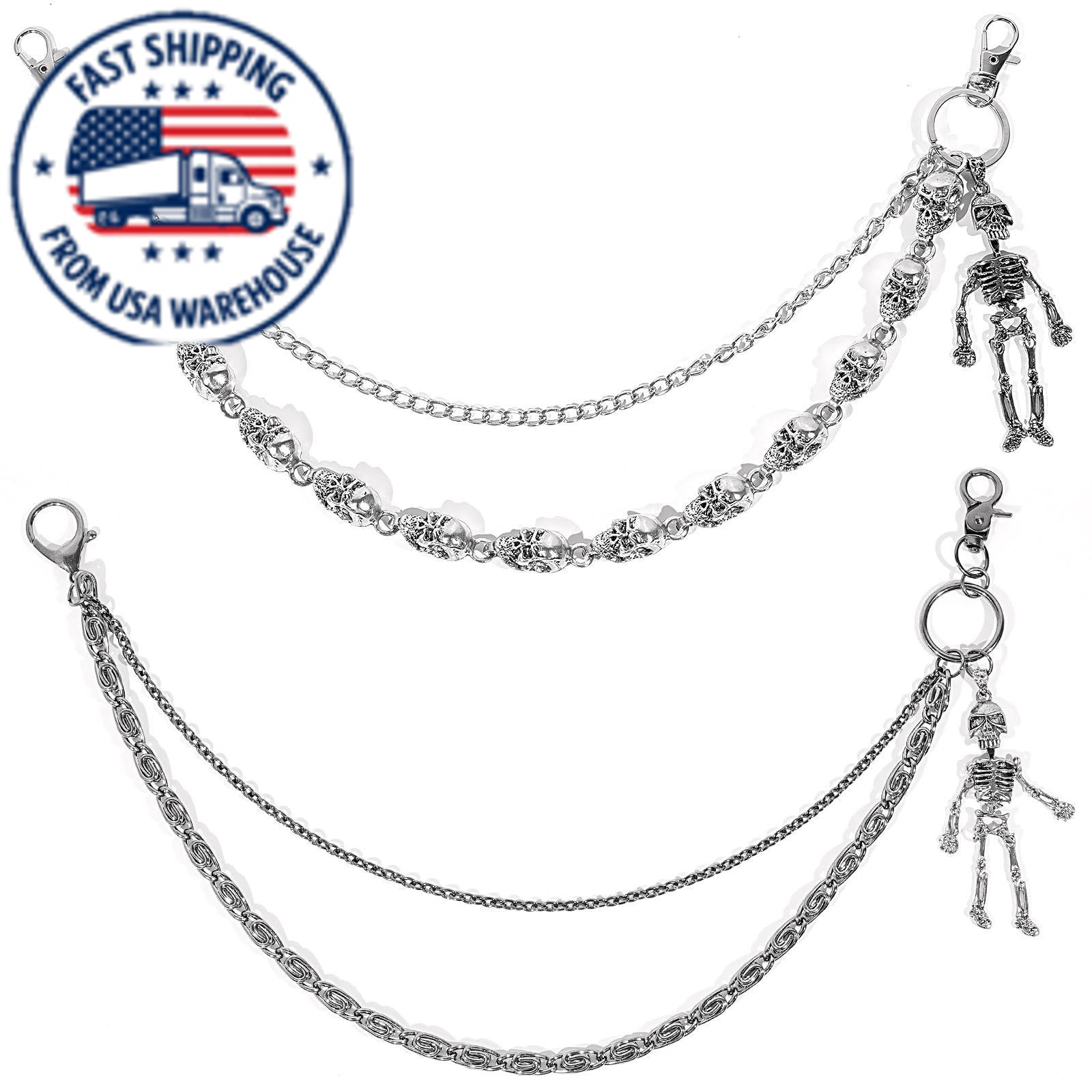 2 PCS Skull Pants Chain for Men Women Wallet Chains Standard, Silver