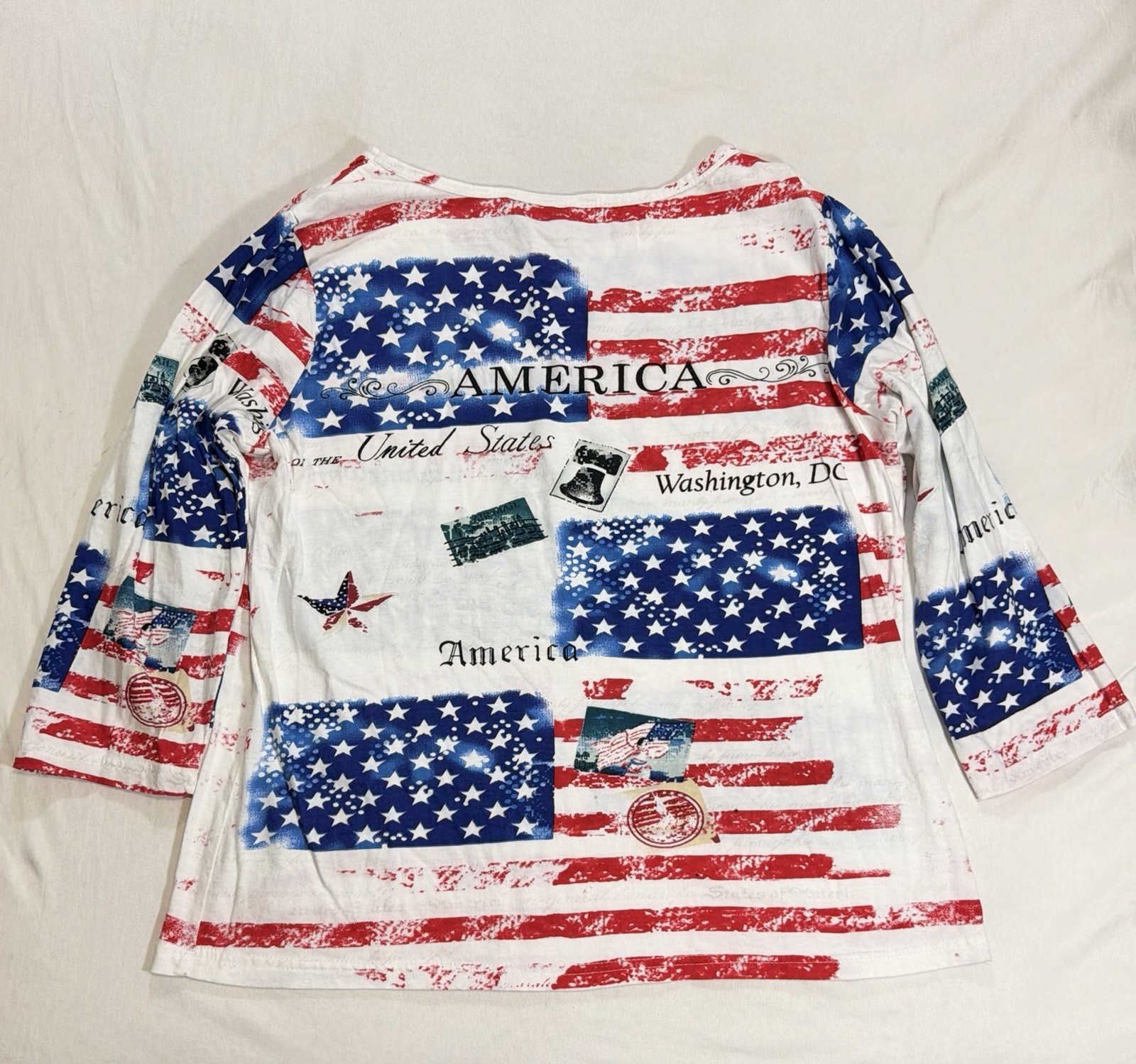 Collections Etc American Flag Knit T-Shirt White Red Blue Rhinestone Raglan – M